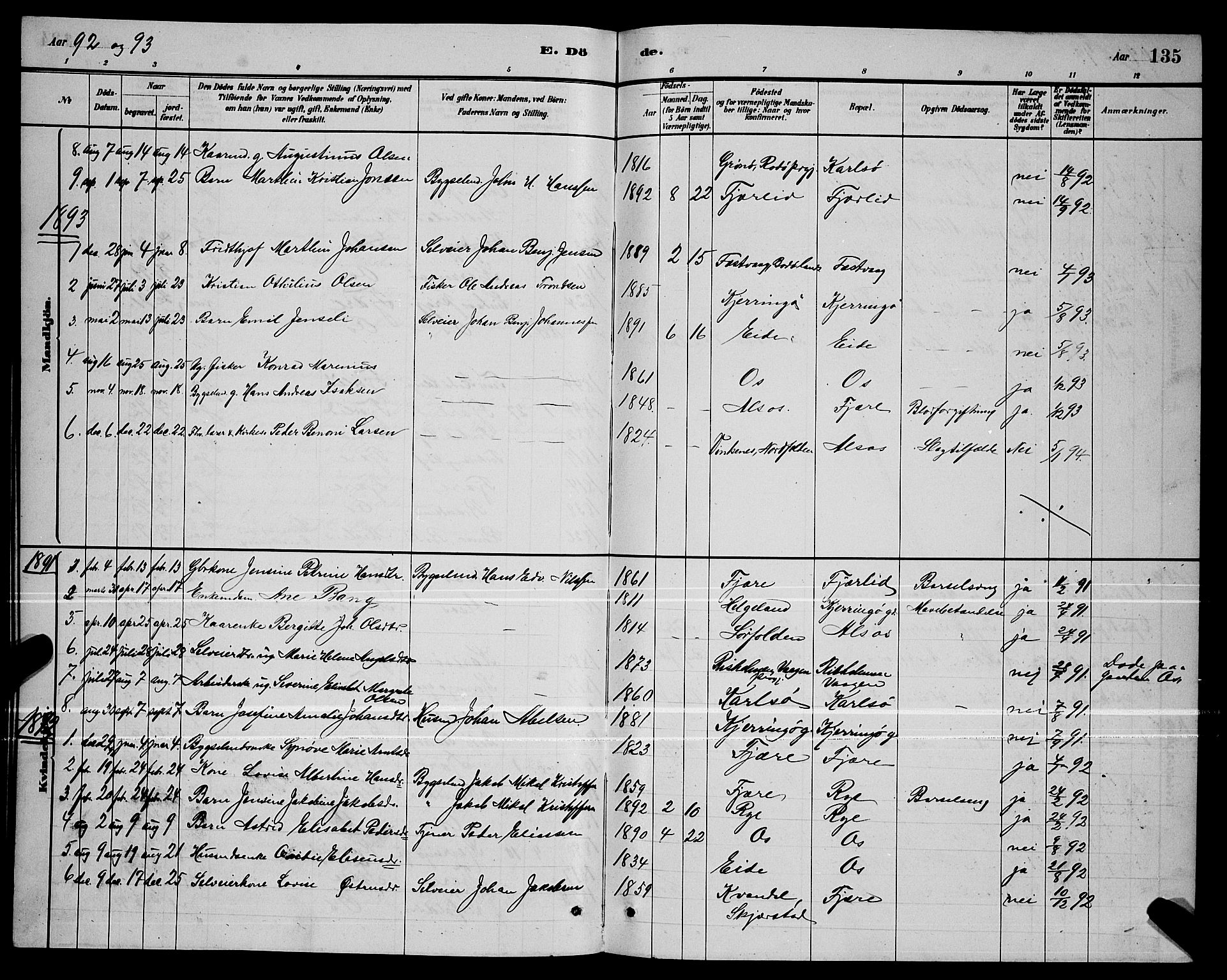 Ministerialprotokoller, klokkerbøker og fødselsregistre - Nordland, SAT/A-1459/803/L0076: Parish register (copy) no. 803C03, 1882-1897, p. 135