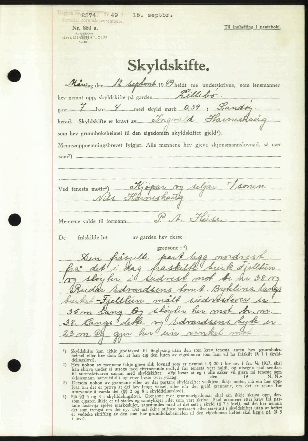 Romsdal sorenskriveri, AV/SAT-A-4149/1/2/2C: Mortgage book no. A30, 1949-1949, Diary no: : 2574/1949