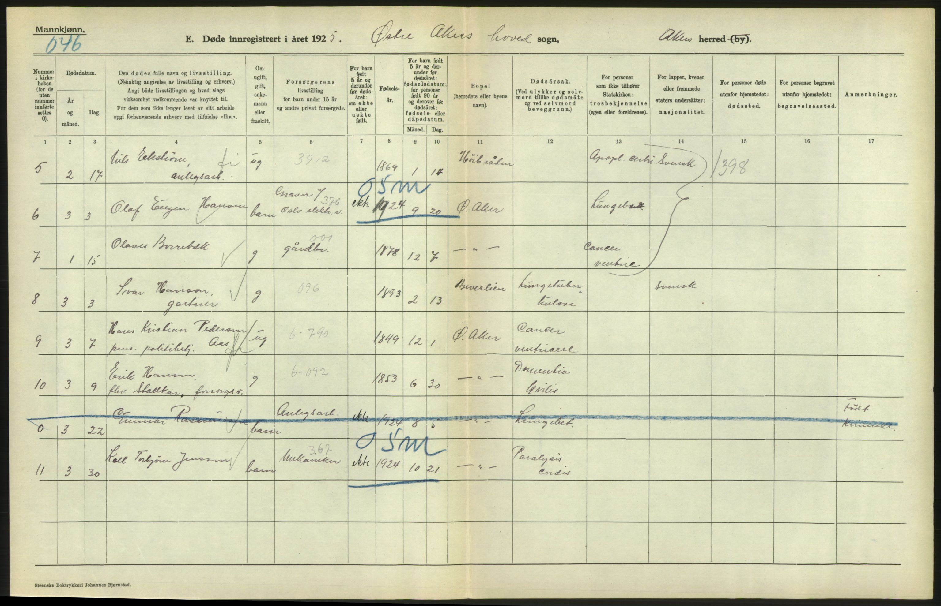 Statistisk sentralbyrå, Sosiodemografiske emner, Befolkning, AV/RA-S-2228/D/Df/Dfc/Dfce/L0005: Akershus amt: Døde, gifte. Bygder og byer., 1925