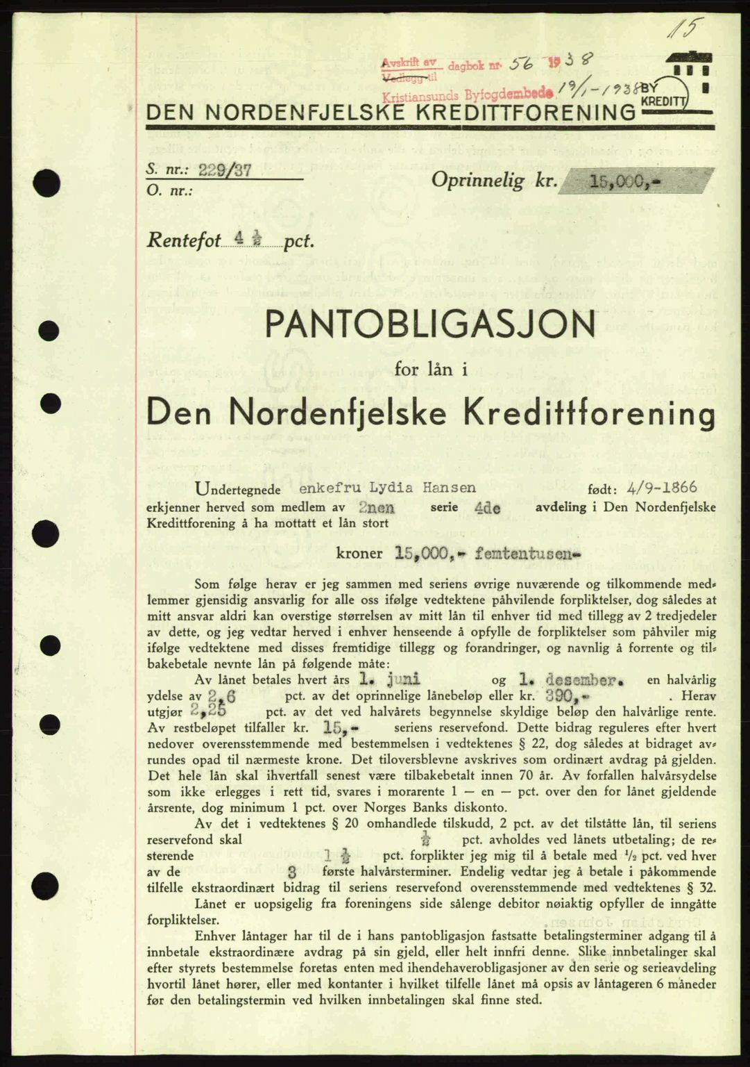 Kristiansund byfogd, SAT/A-4587/A/27: Mortgage book no. 31, 1938-1939, Diary no: : 56/1938