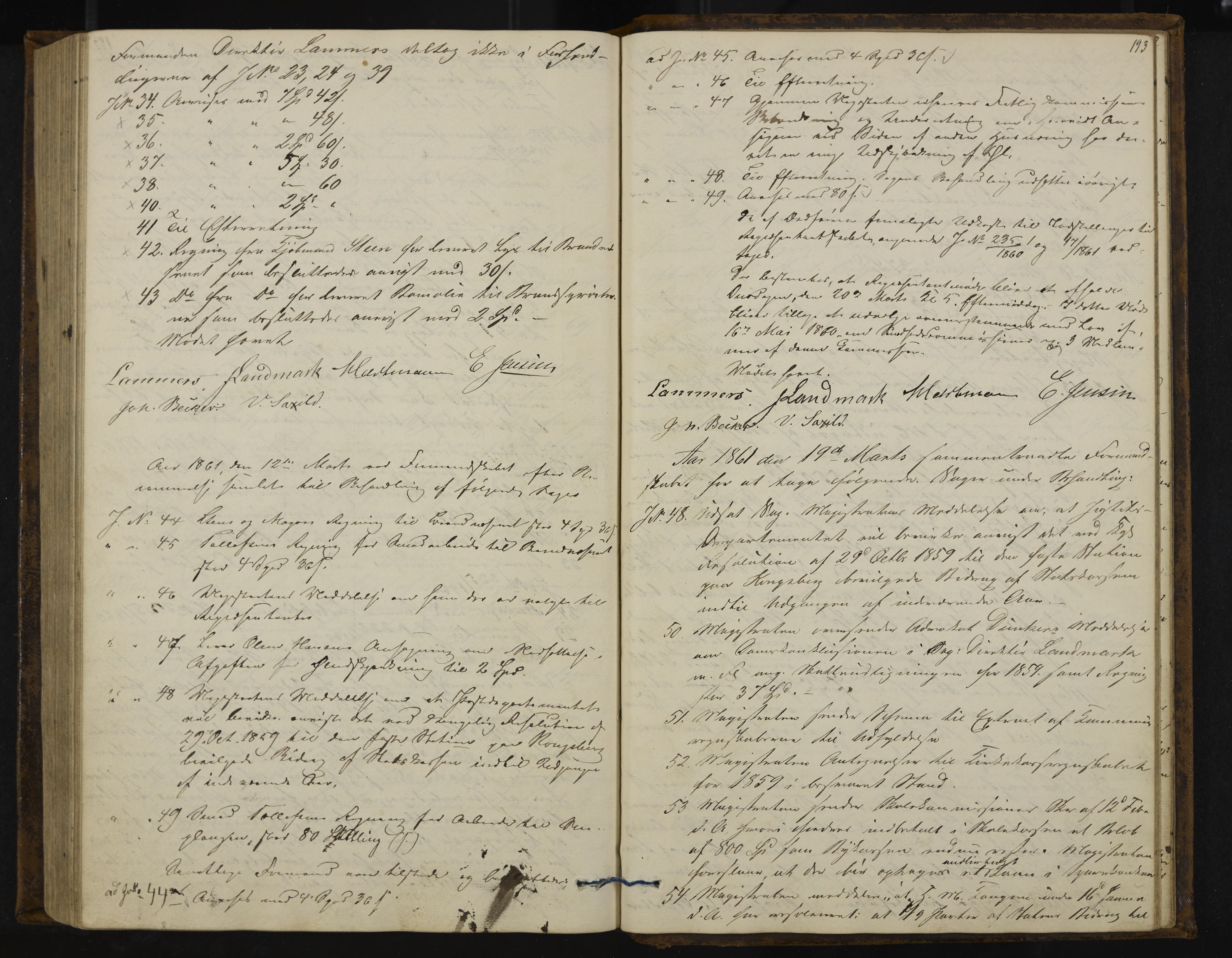 Kongsberg formannskap og sentraladministrasjon, IKAK/0604021-1/A/L0003: Møtebok med register, 1856-1861, p. 193