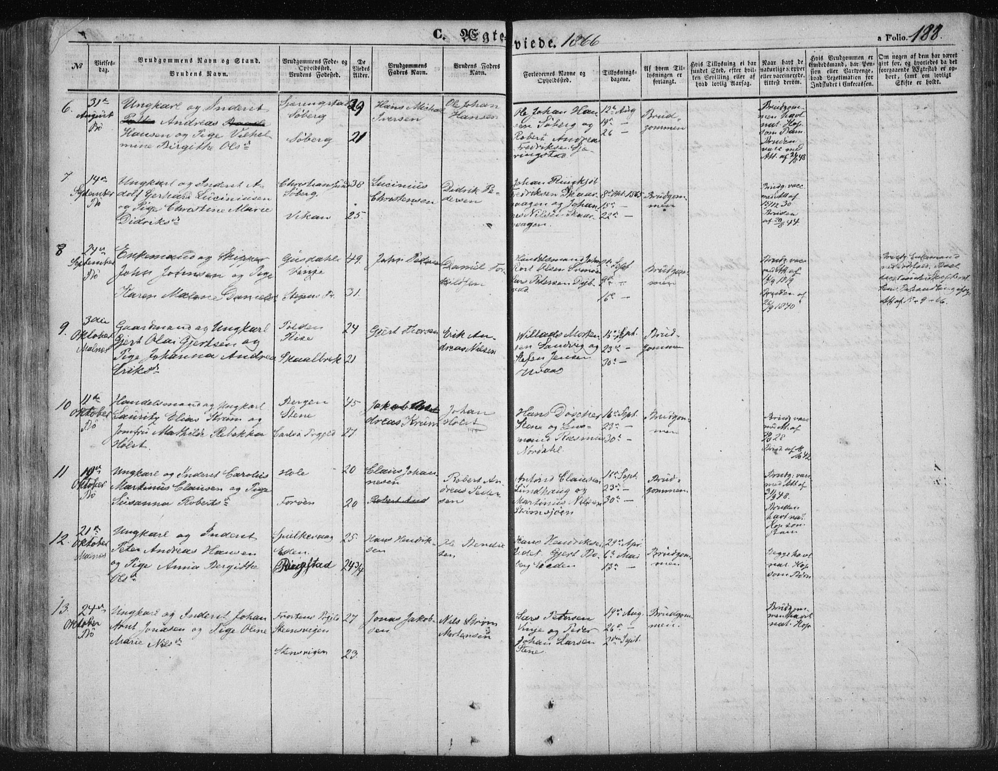 Ministerialprotokoller, klokkerbøker og fødselsregistre - Nordland, AV/SAT-A-1459/891/L1300: Parish register (official) no. 891A05, 1856-1870, p. 188