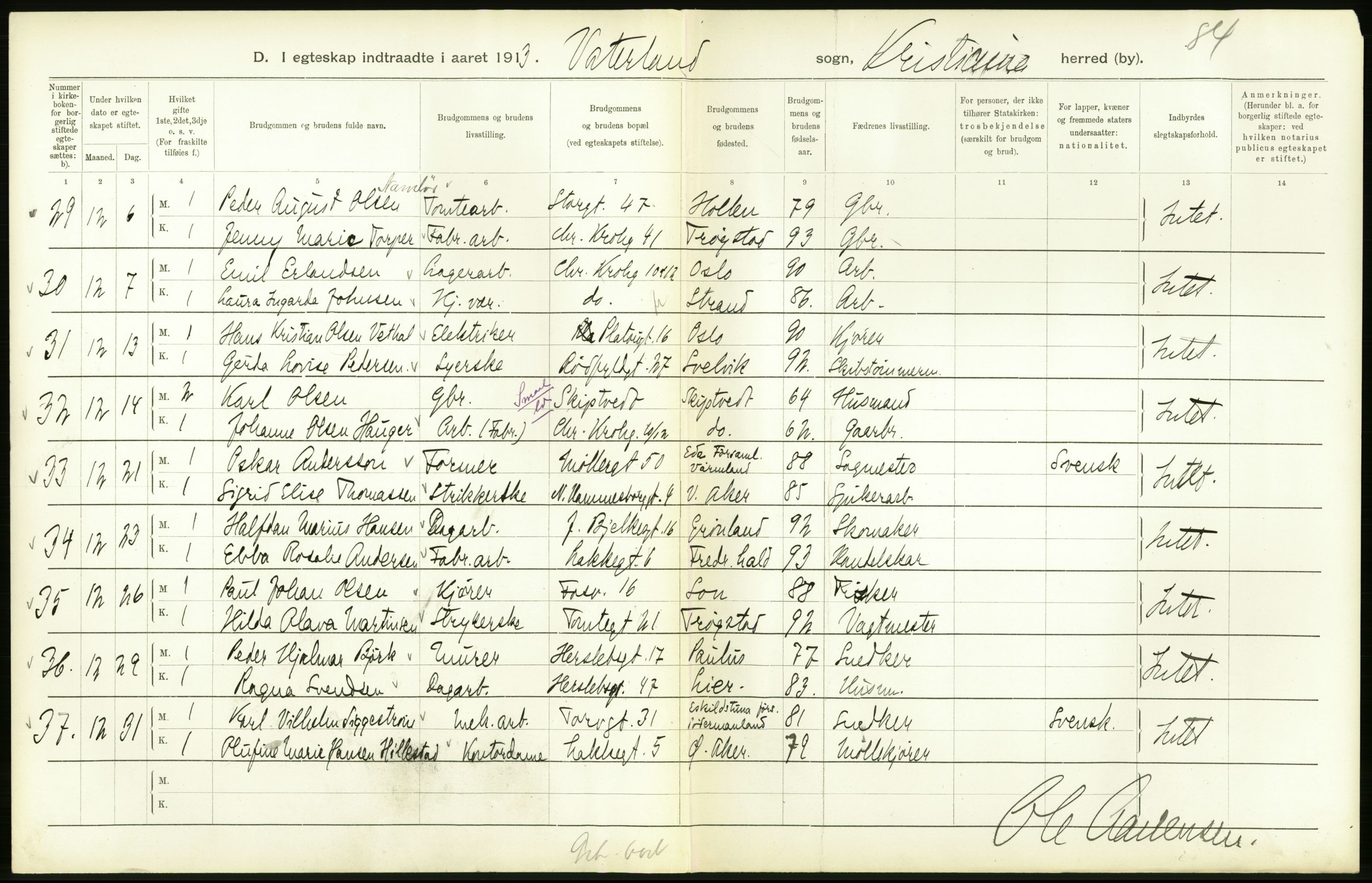 Statistisk sentralbyrå, Sosiodemografiske emner, Befolkning, AV/RA-S-2228/D/Df/Dfb/Dfbc/L0008: Kristiania: Gifte., 1913, p. 116