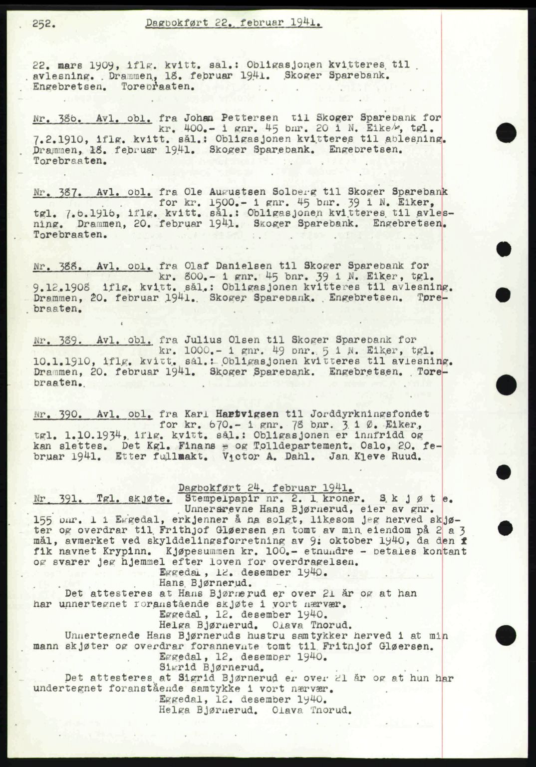 Eiker, Modum og Sigdal sorenskriveri, SAKO/A-123/G/Ga/Gab/L0043: Mortgage book no. A13, 1940-1941, Diary no: : 386/1941
