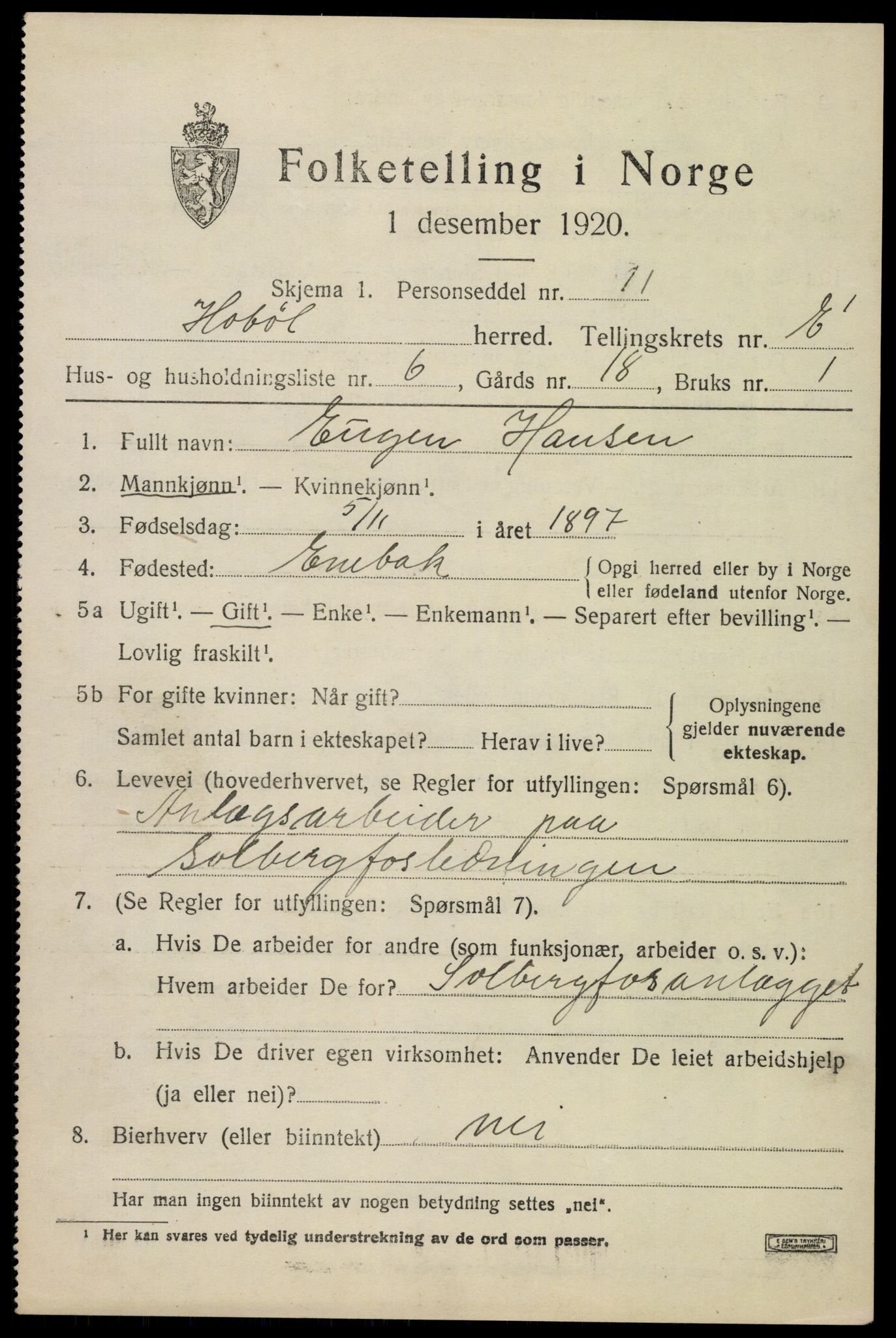 SAO, 1920 census for Hobøl, 1920, p. 5322