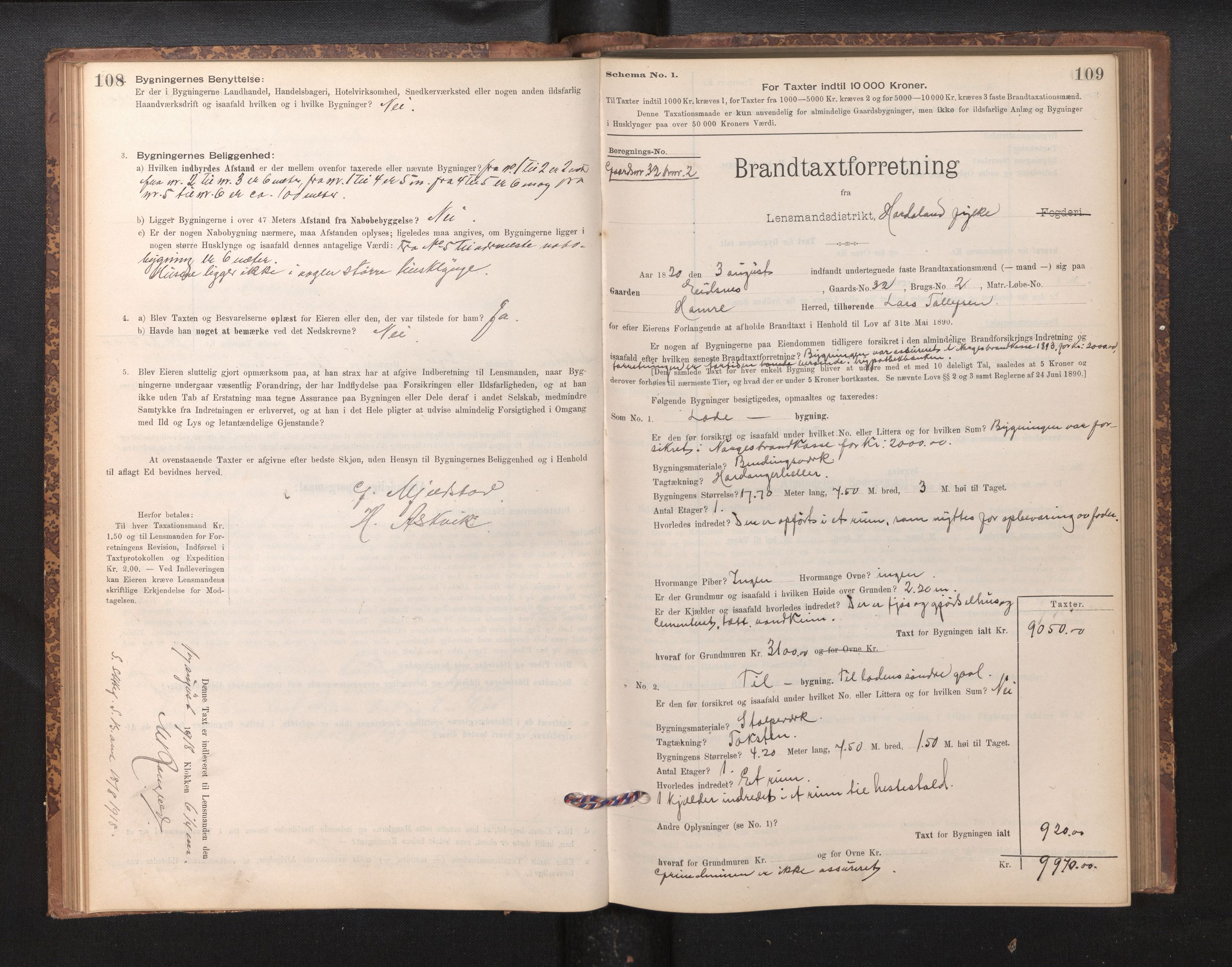 Lensmannen i Hamre, SAB/A-32601/0012/L0004: Branntakstprotokoll, skjematakst, 1895-1920, p. 108-109