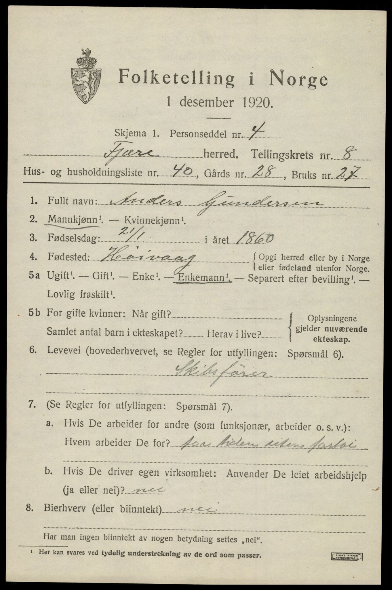 SAK, 1920 census for Fjære, 1920, p. 10783