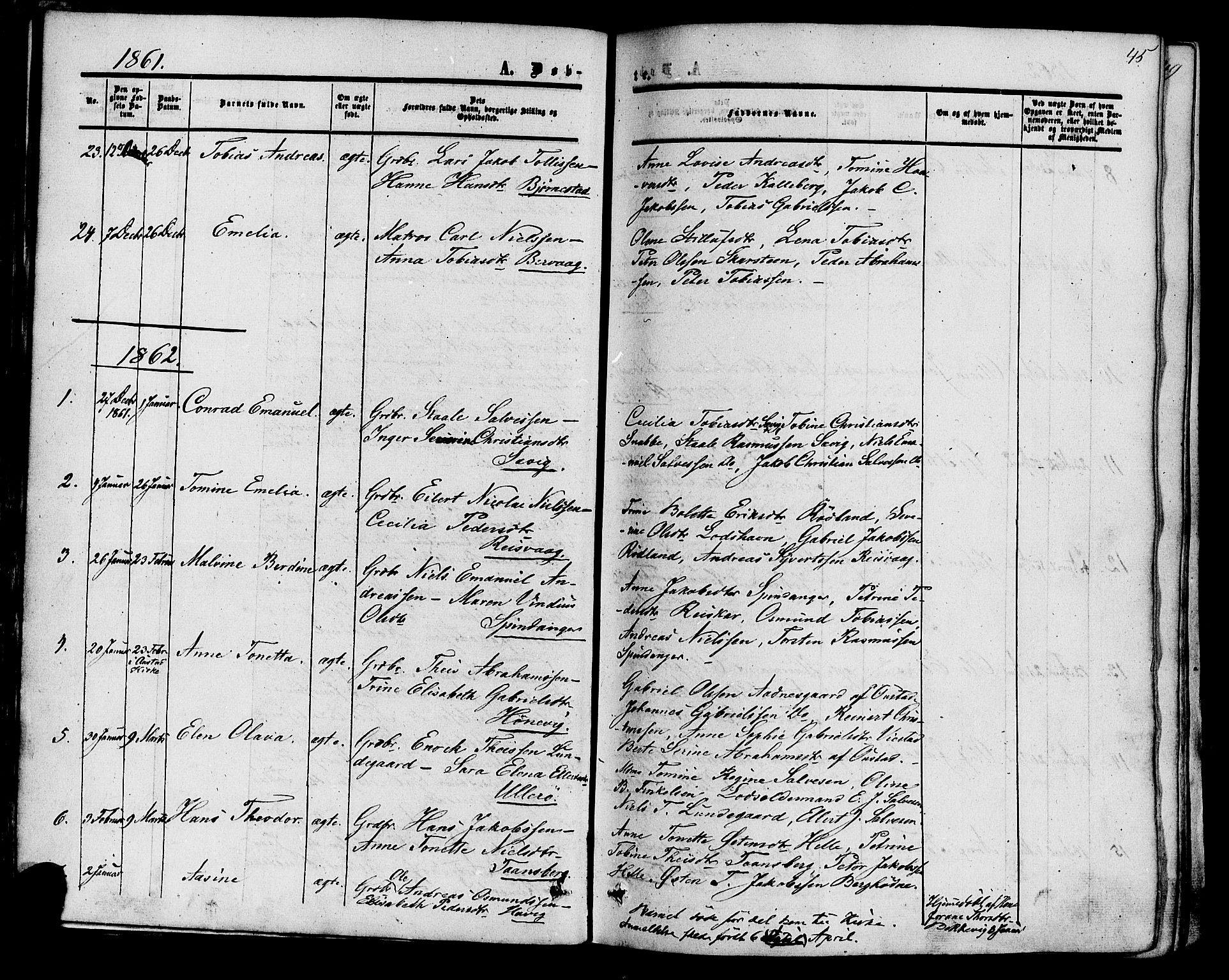 Herad sokneprestkontor, SAK/1111-0018/F/Fa/Fab/L0004: Parish register (official) no. A 4, 1853-1885, p. 45