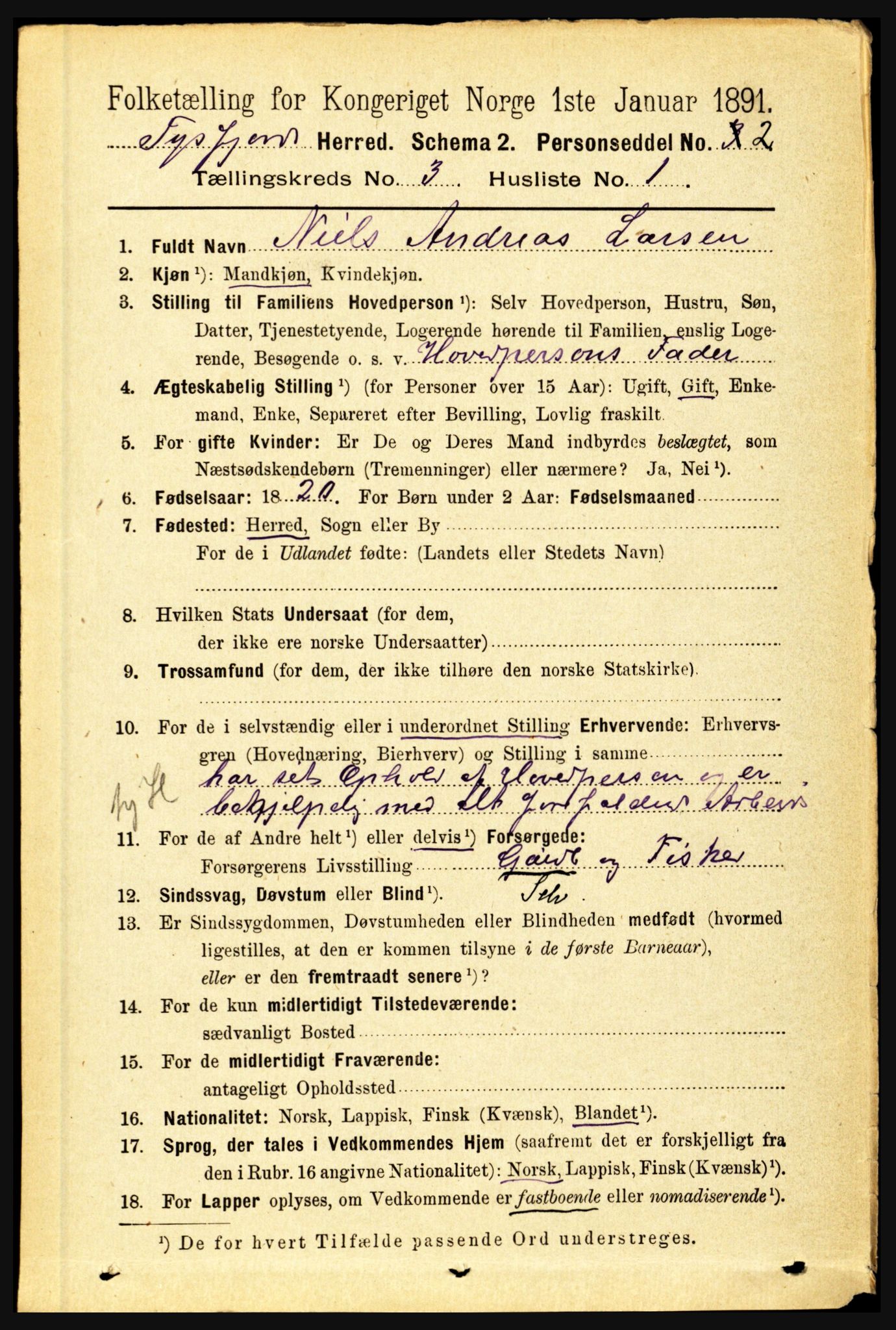 RA, 1891 census for 1850 Tysfjord, 1891, p. 1047