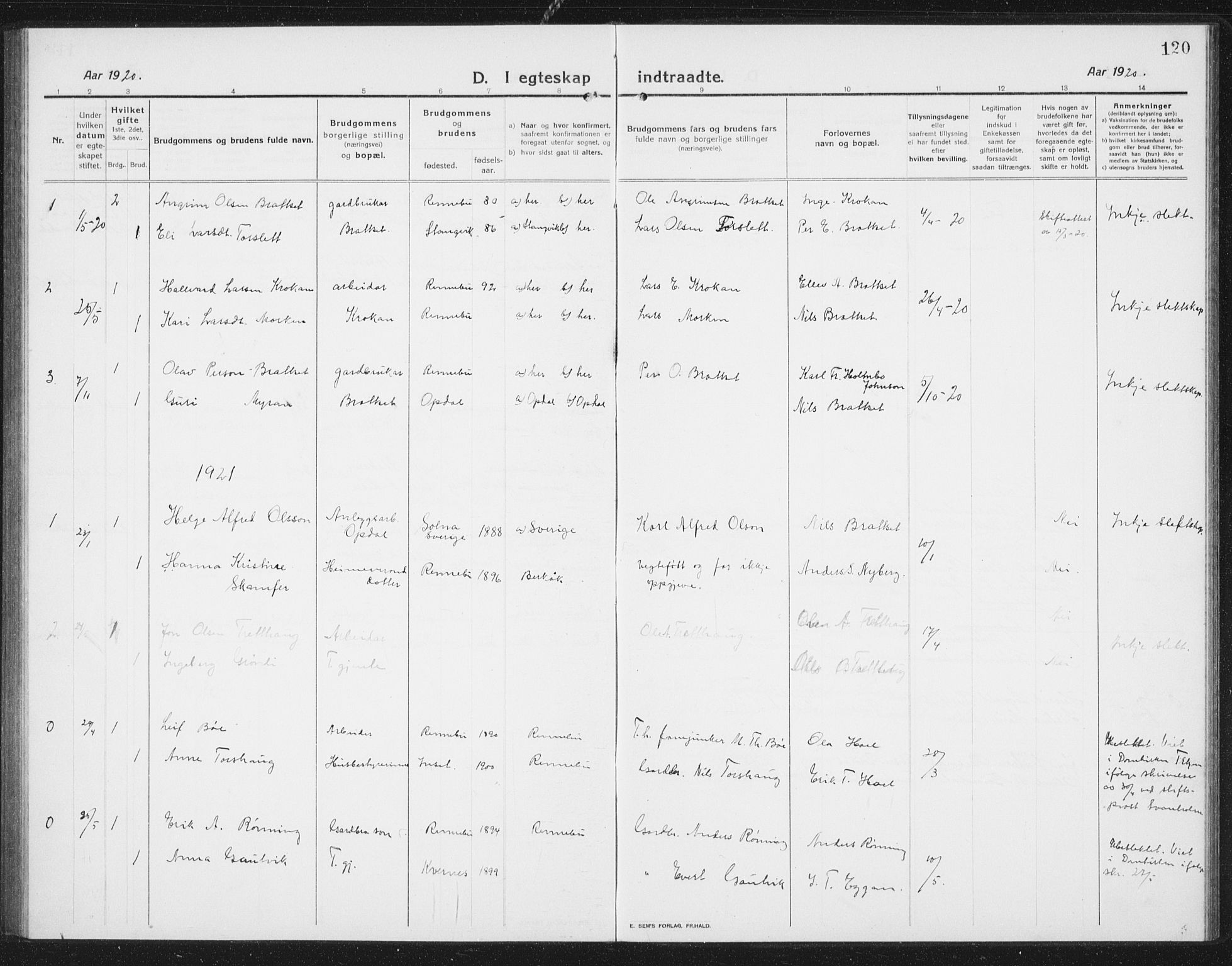 Ministerialprotokoller, klokkerbøker og fødselsregistre - Sør-Trøndelag, SAT/A-1456/675/L0888: Parish register (copy) no. 675C01, 1913-1935, p. 120