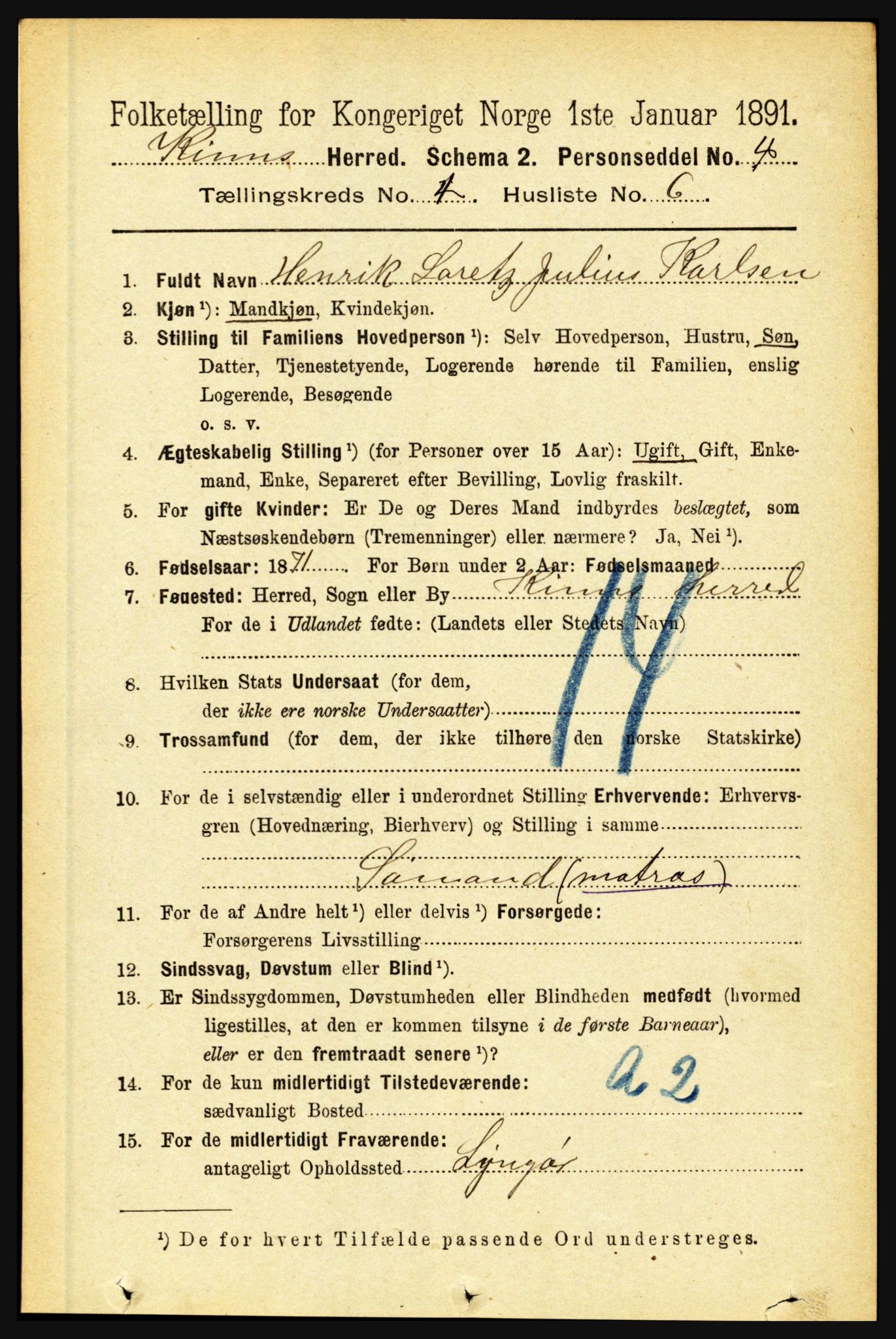 RA, 1891 census for 1437 Kinn, 1891, p. 1360