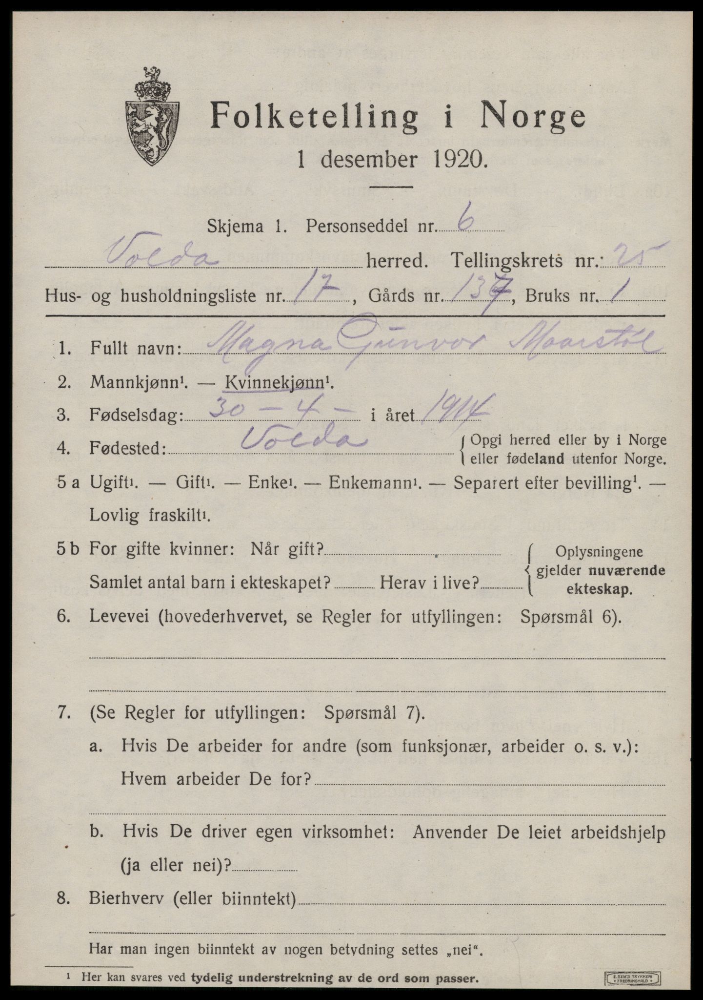 SAT, 1920 census for Volda, 1920, p. 12352