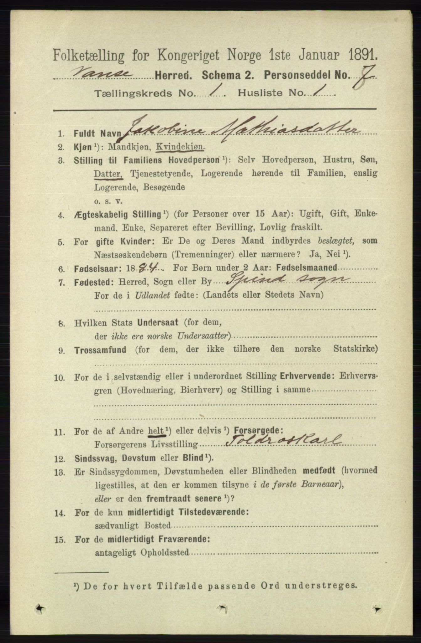 RA, 1891 census for 1041 Vanse, 1891, p. 136