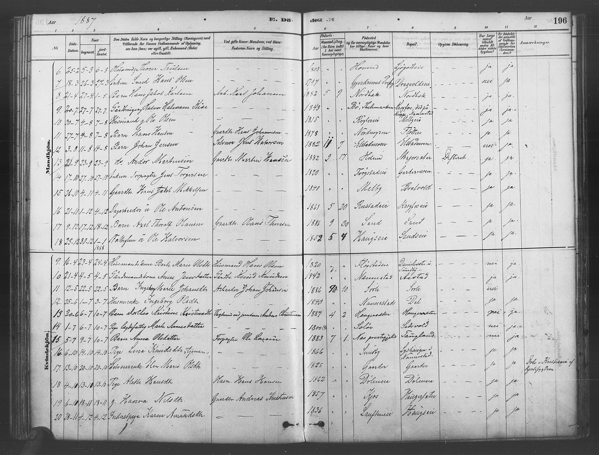 Ullensaker prestekontor Kirkebøker, AV/SAO-A-10236a/F/Fb/L0001: Parish register (official) no. II 1, 1878-1893, p. 196