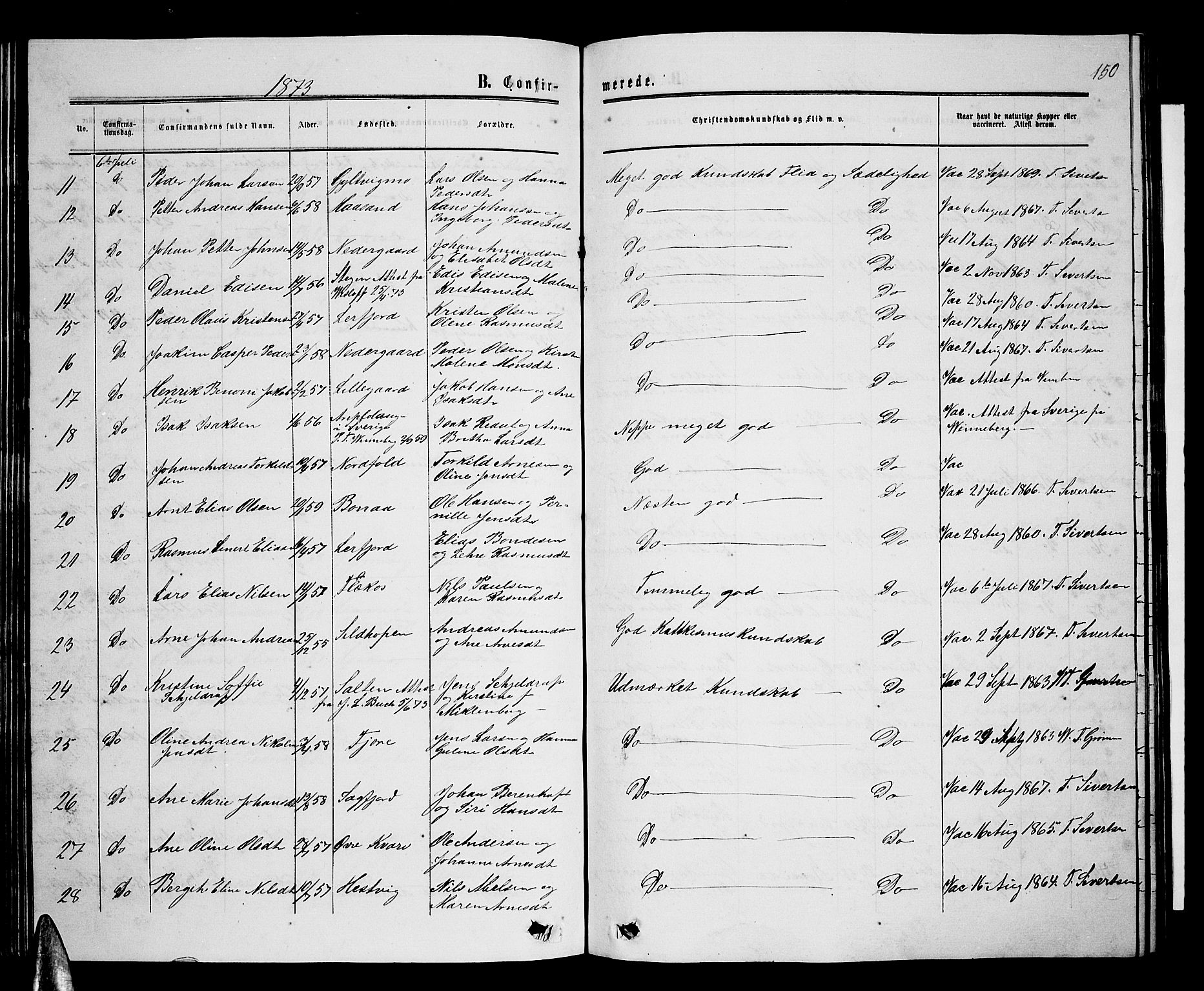 Ministerialprotokoller, klokkerbøker og fødselsregistre - Nordland, AV/SAT-A-1459/853/L0775: Parish register (copy) no. 853C03, 1859-1877, p. 150