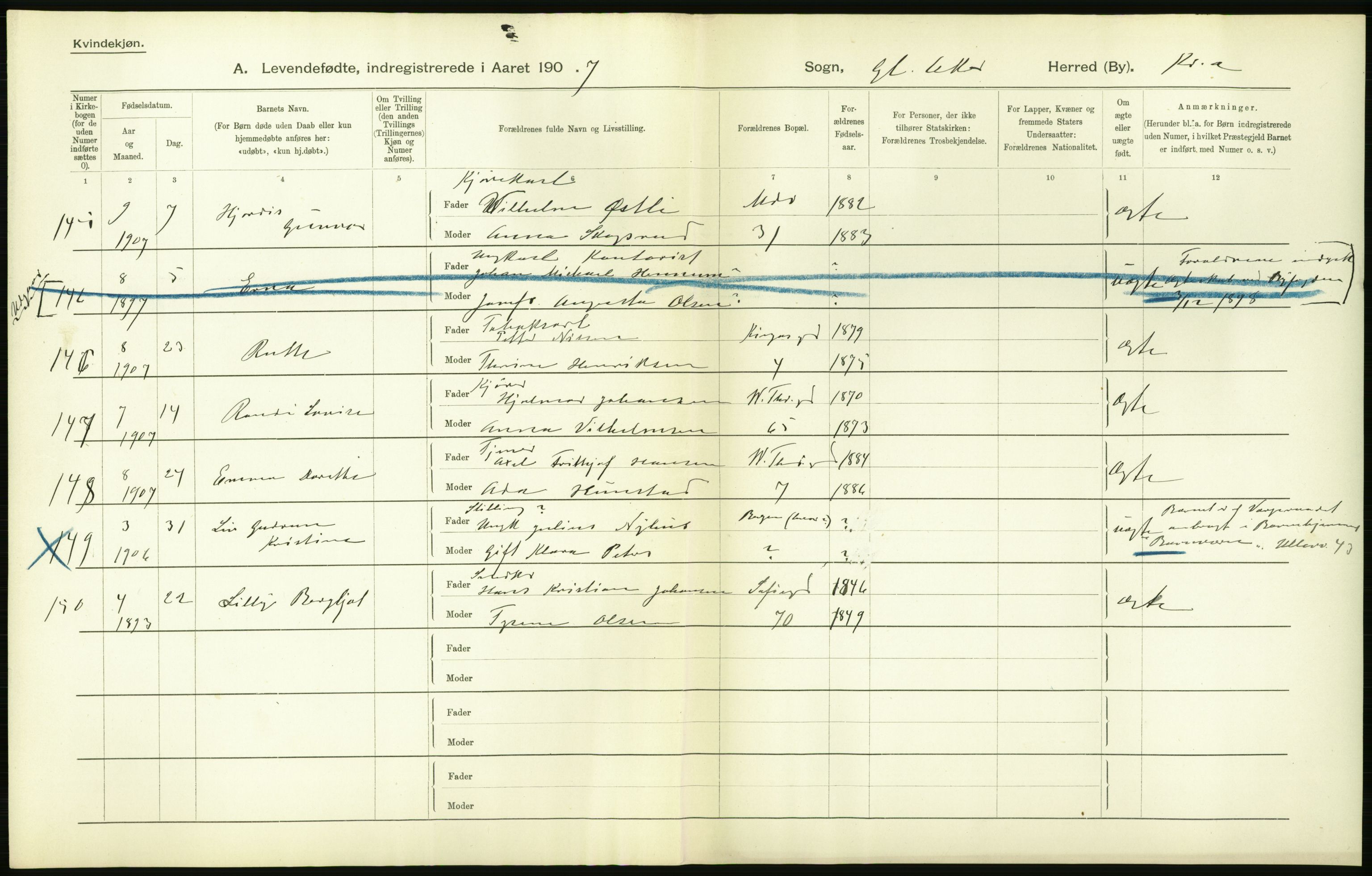 Statistisk sentralbyrå, Sosiodemografiske emner, Befolkning, AV/RA-S-2228/D/Df/Dfa/Dfae/L0006: Kristiania: Levendefødte menn og kvinner., 1907, p. 52