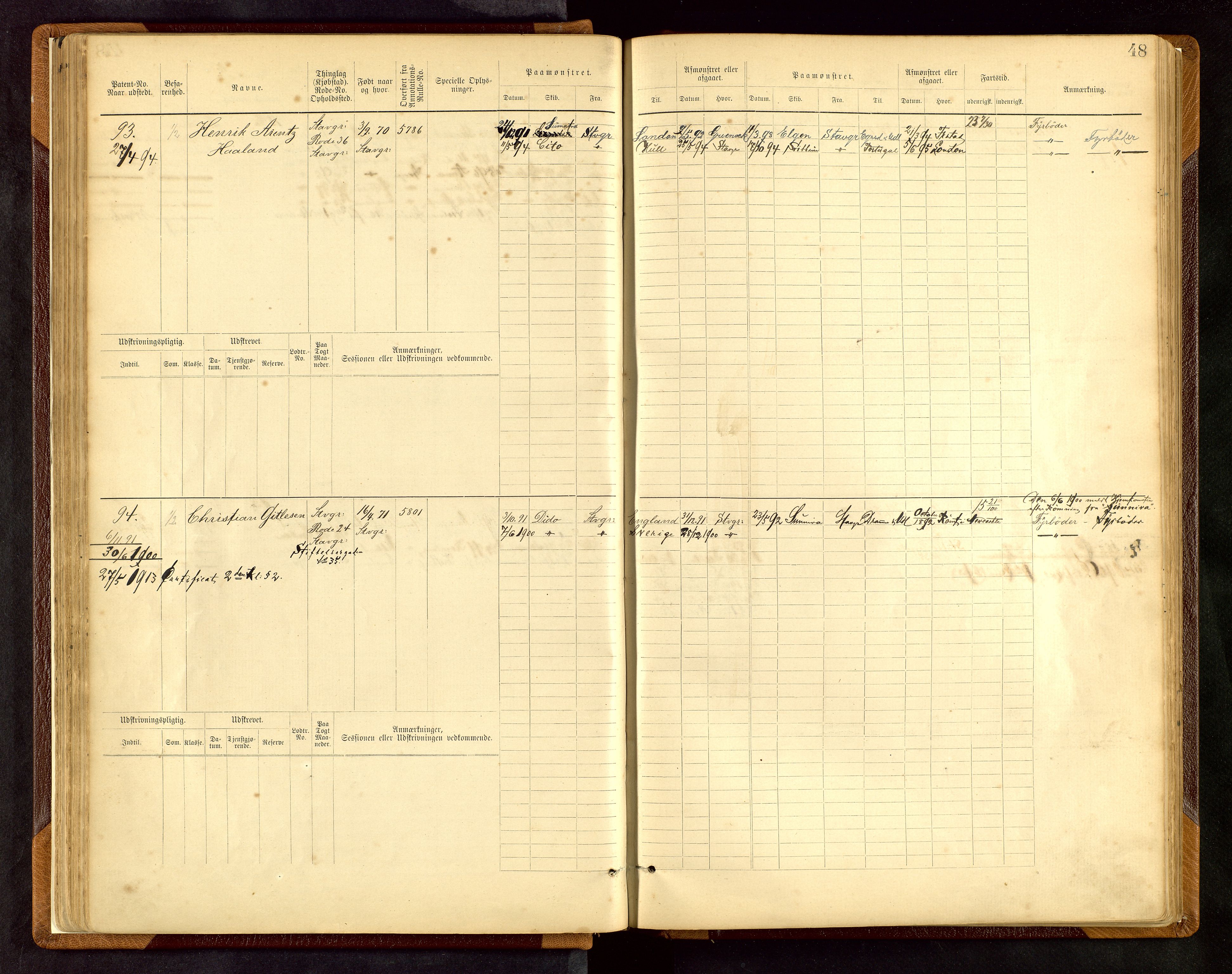 Stavanger sjømannskontor, AV/SAST-A-102006/F/Fe/L0001: Maskinist- og fyrbøterrulle, patentnr. 1-58/1-194, 1884-1894, p. 51