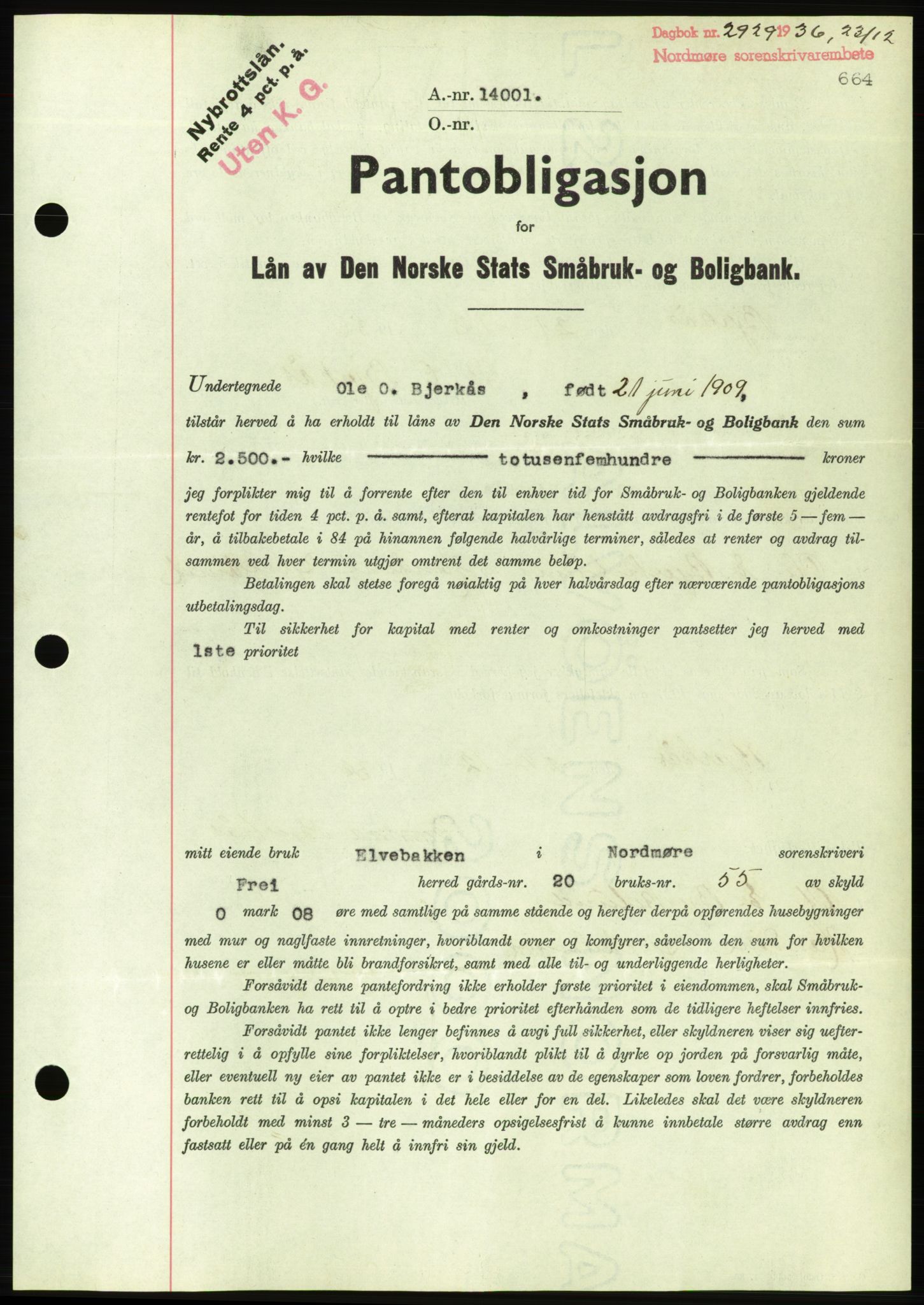 Nordmøre sorenskriveri, AV/SAT-A-4132/1/2/2Ca/L0090: Mortgage book no. B80, 1936-1937, Diary no: : 2929/1936