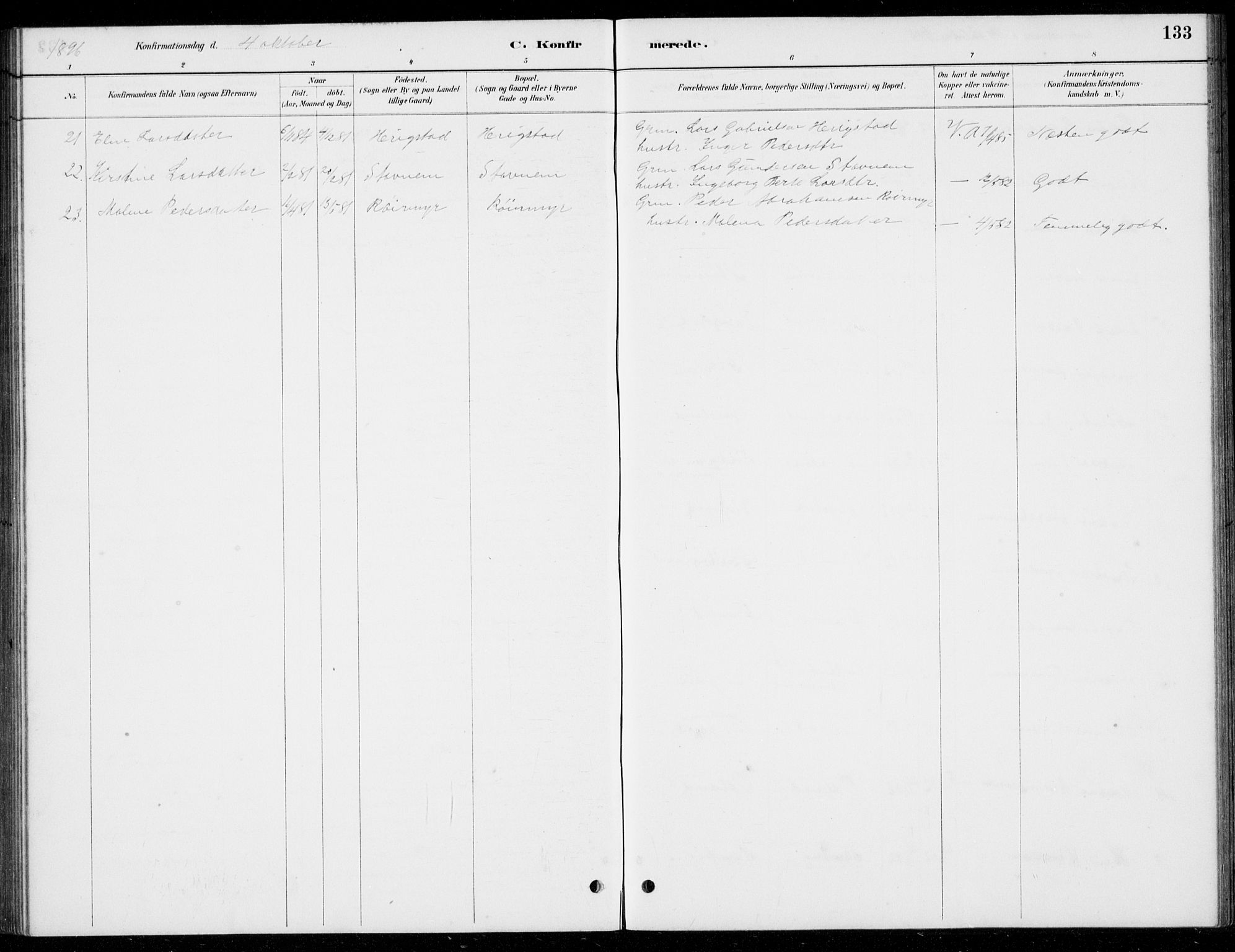 Hå sokneprestkontor, AV/SAST-A-101801/001/30BB/L0004: Parish register (copy) no. B 4, 1883-1899, p. 133