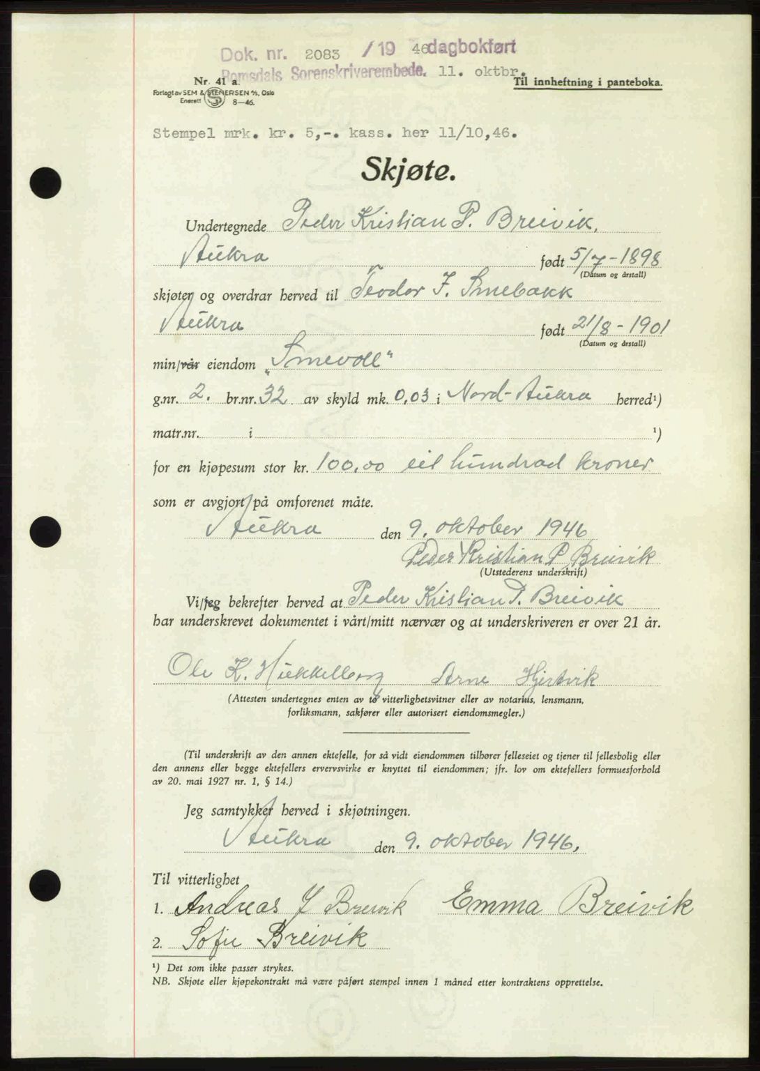 Romsdal sorenskriveri, AV/SAT-A-4149/1/2/2C: Mortgage book no. A21, 1946-1946, Diary no: : 2083/1946