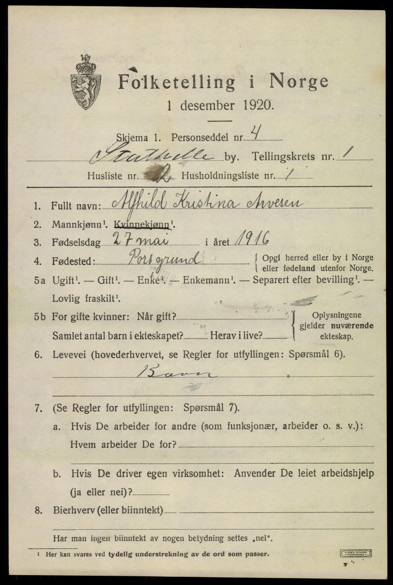 SAKO, 1920 census for Stathelle, 1920, p. 557