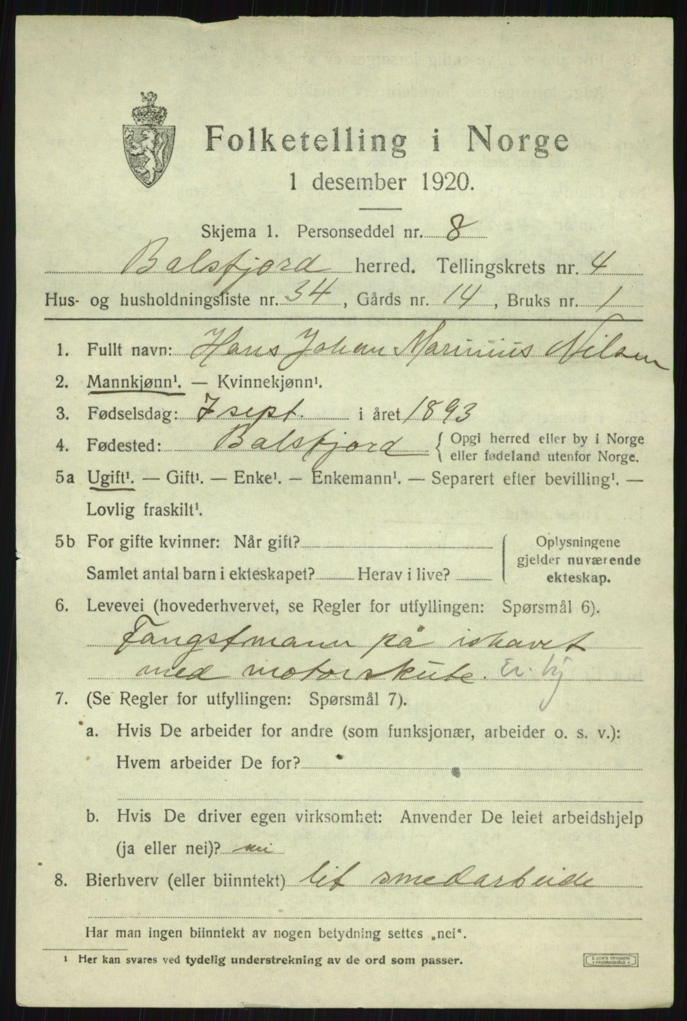 SATØ, 1920 census for Balsfjord, 1920, p. 3105