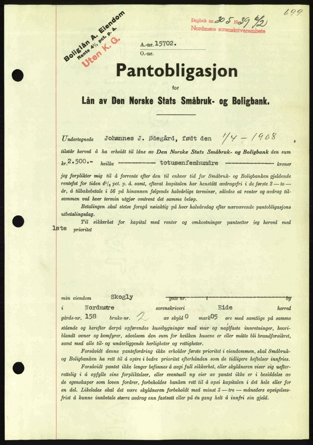 Nordmøre sorenskriveri, SAT/A-4132/1/2/2Ca: Mortgage book no. B84, 1938-1939, Diary no: : 305/1939