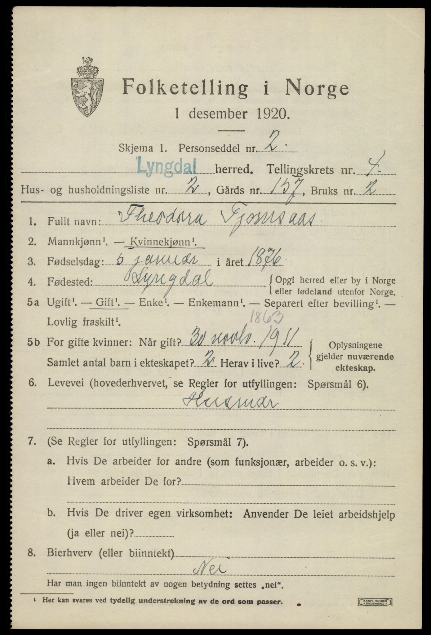 SAK, 1920 census for Lyngdal, 1920, p. 2395