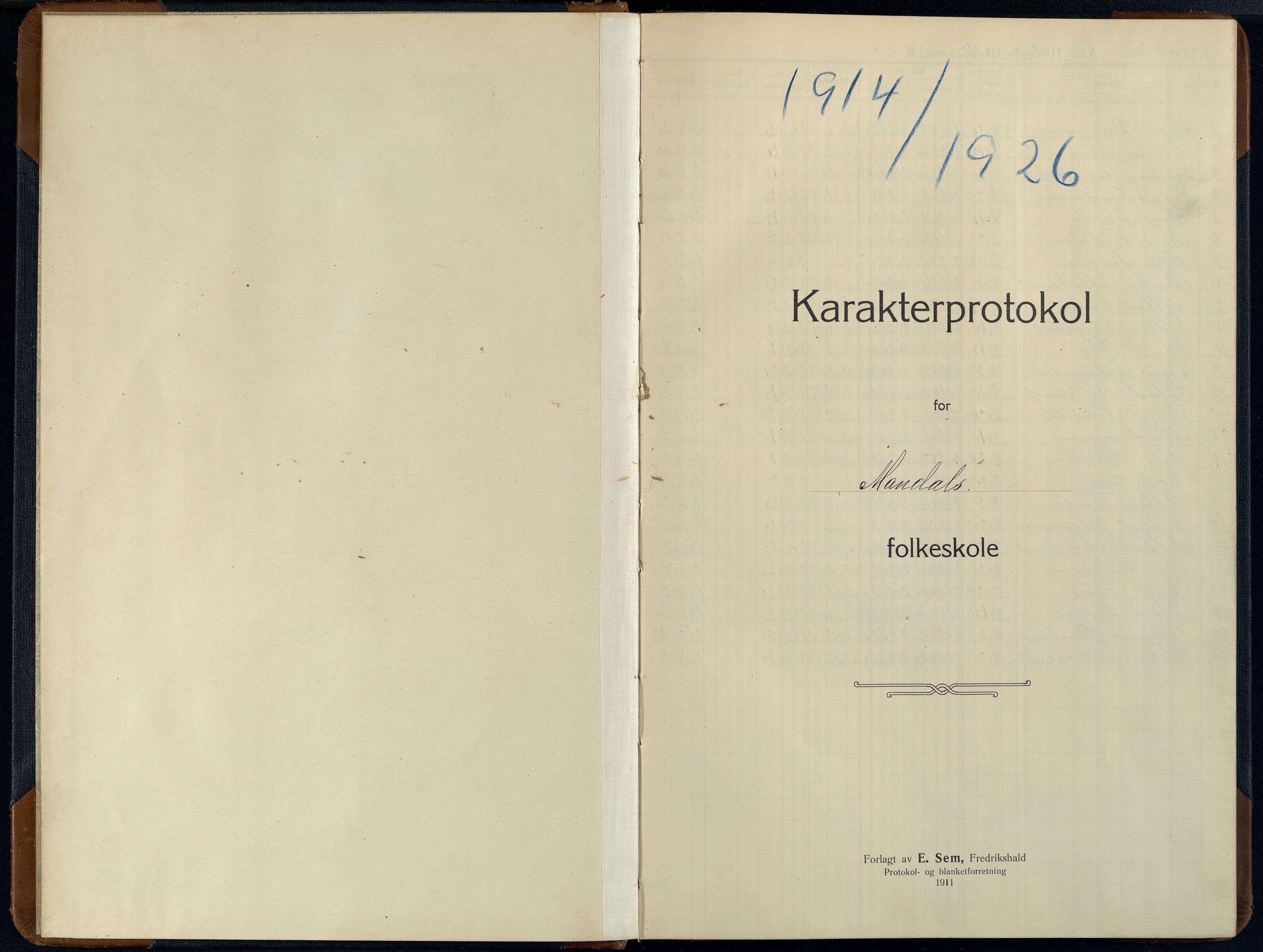 Mandal By - Mandal Allmueskole/Folkeskole/Skole, ARKSOR/1002MG551/G/L0021: Karakterprotokoll, 1914-1926