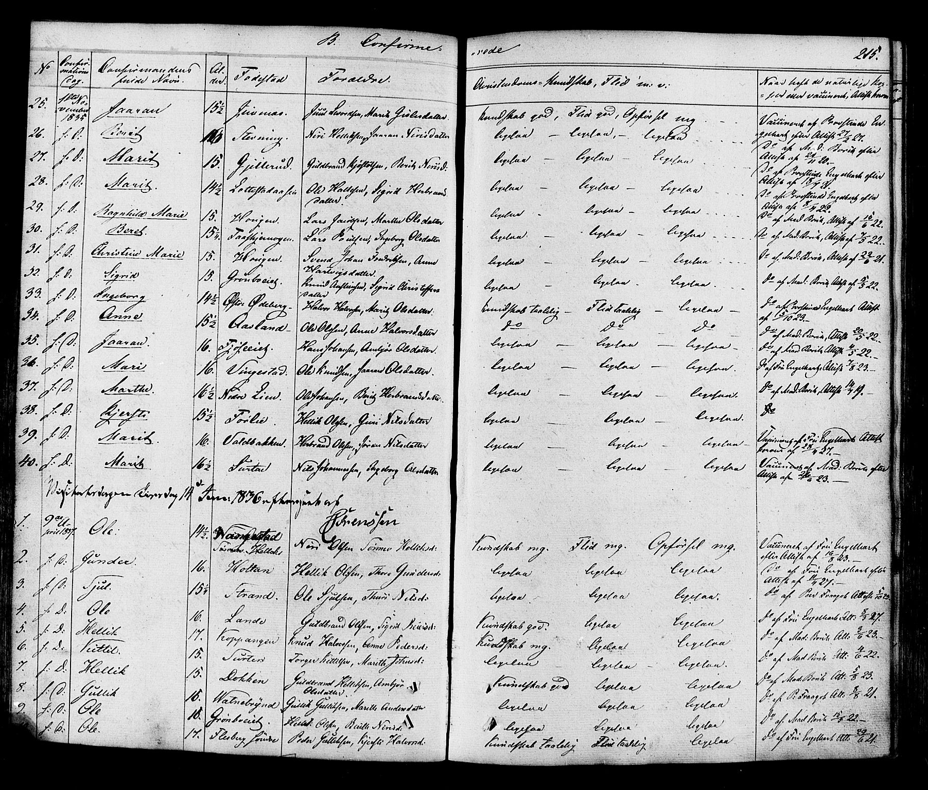 Flesberg kirkebøker, SAKO/A-18/F/Fa/L0006: Parish register (official) no. I 6, 1834-1860, p. 215