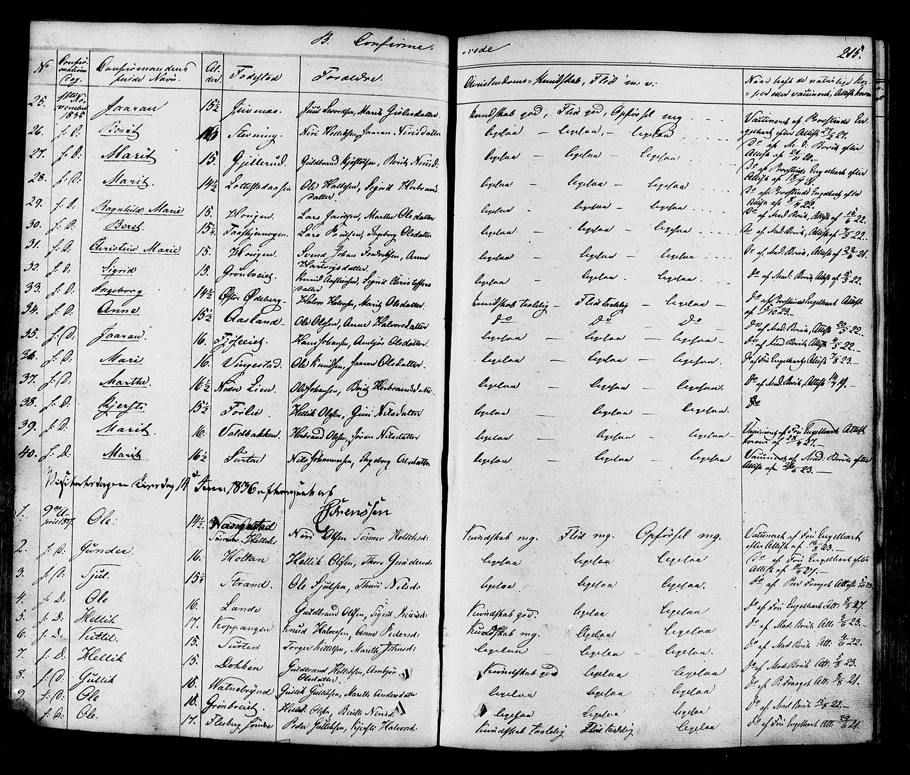 Flesberg kirkebøker, AV/SAKO-A-18/F/Fa/L0006: Parish register (official) no. I 6, 1834-1860, p. 215
