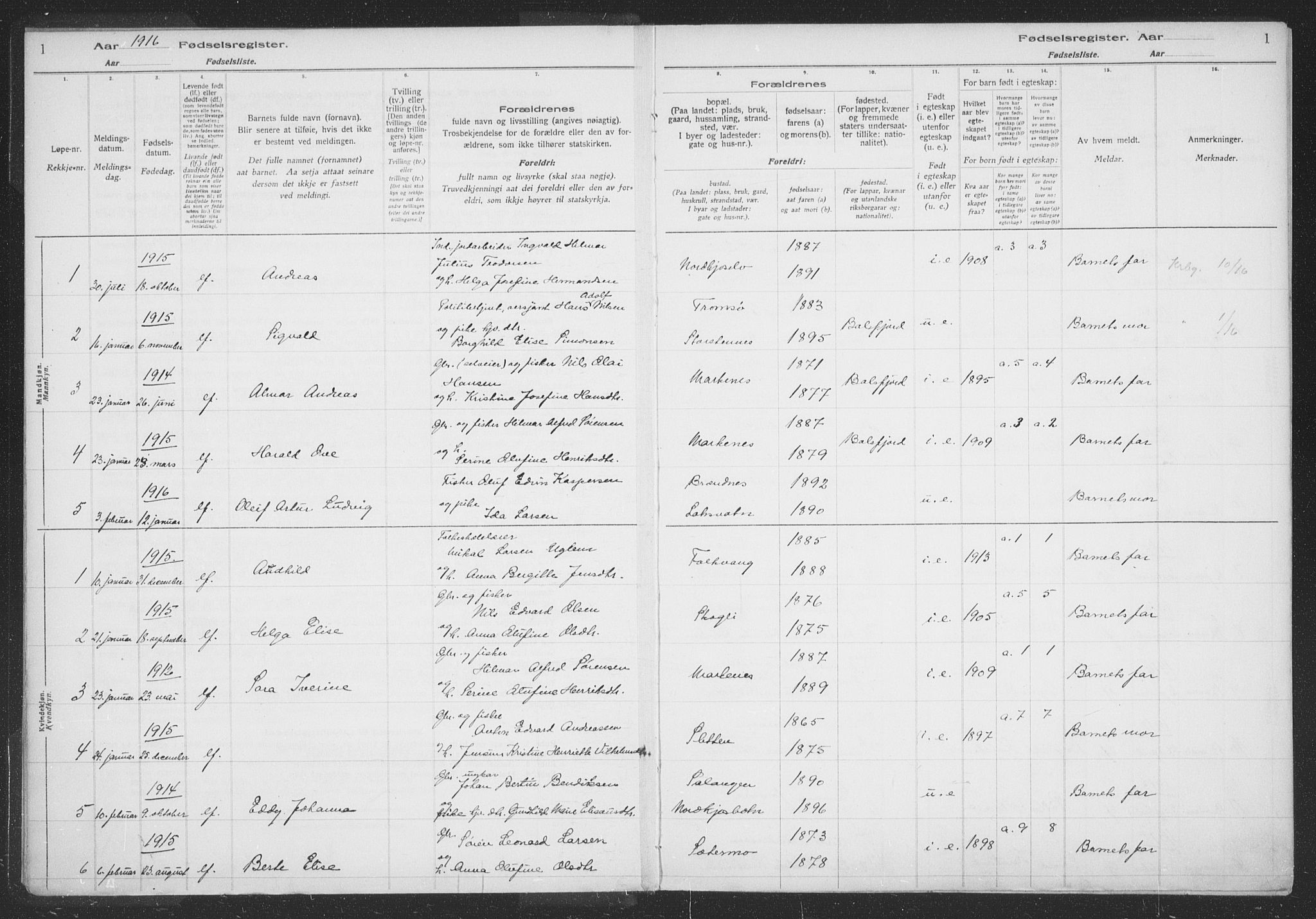 Balsfjord sokneprestembete, AV/SATØ-S-1303/H/Hb/L0059: Birth register no. 59, 1916-1930, p. 1