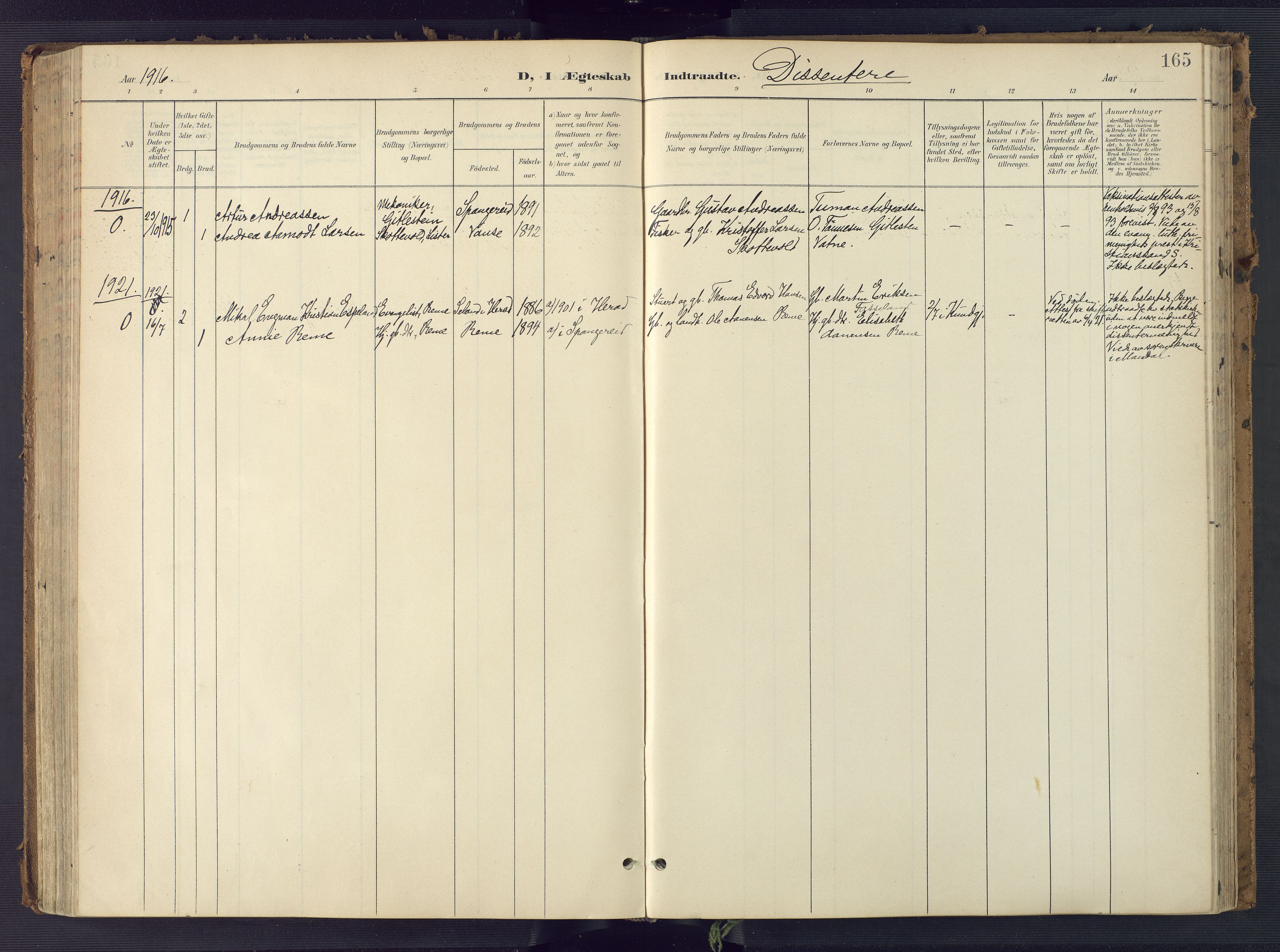 Sør-Audnedal sokneprestkontor, SAK/1111-0039/F/Fa/Faa/L0005: Parish register (official) no. A 5, 1900-1923, p. 165