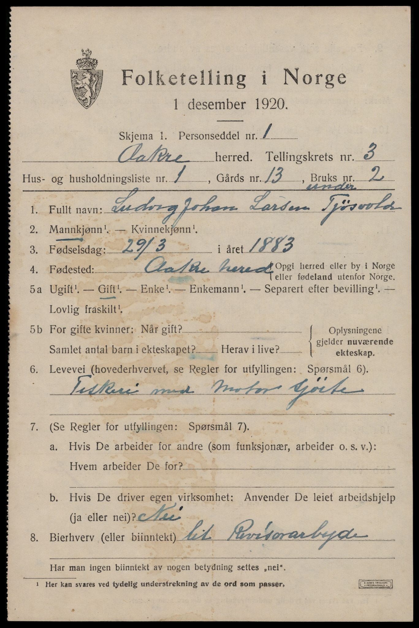 SAST, 1920 census for Åkra, 1920, p. 4326