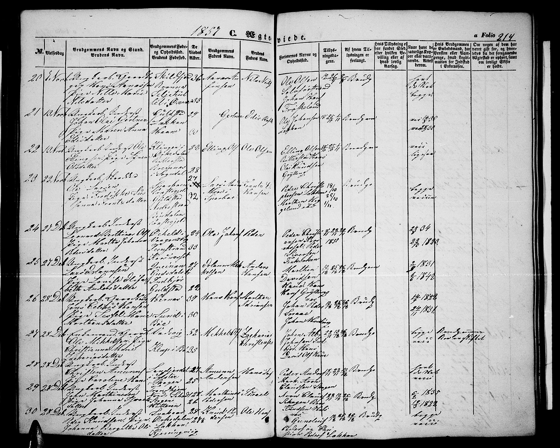 Ministerialprotokoller, klokkerbøker og fødselsregistre - Nordland, SAT/A-1459/888/L1265: Parish register (copy) no. 888C03, 1850-1863, p. 214