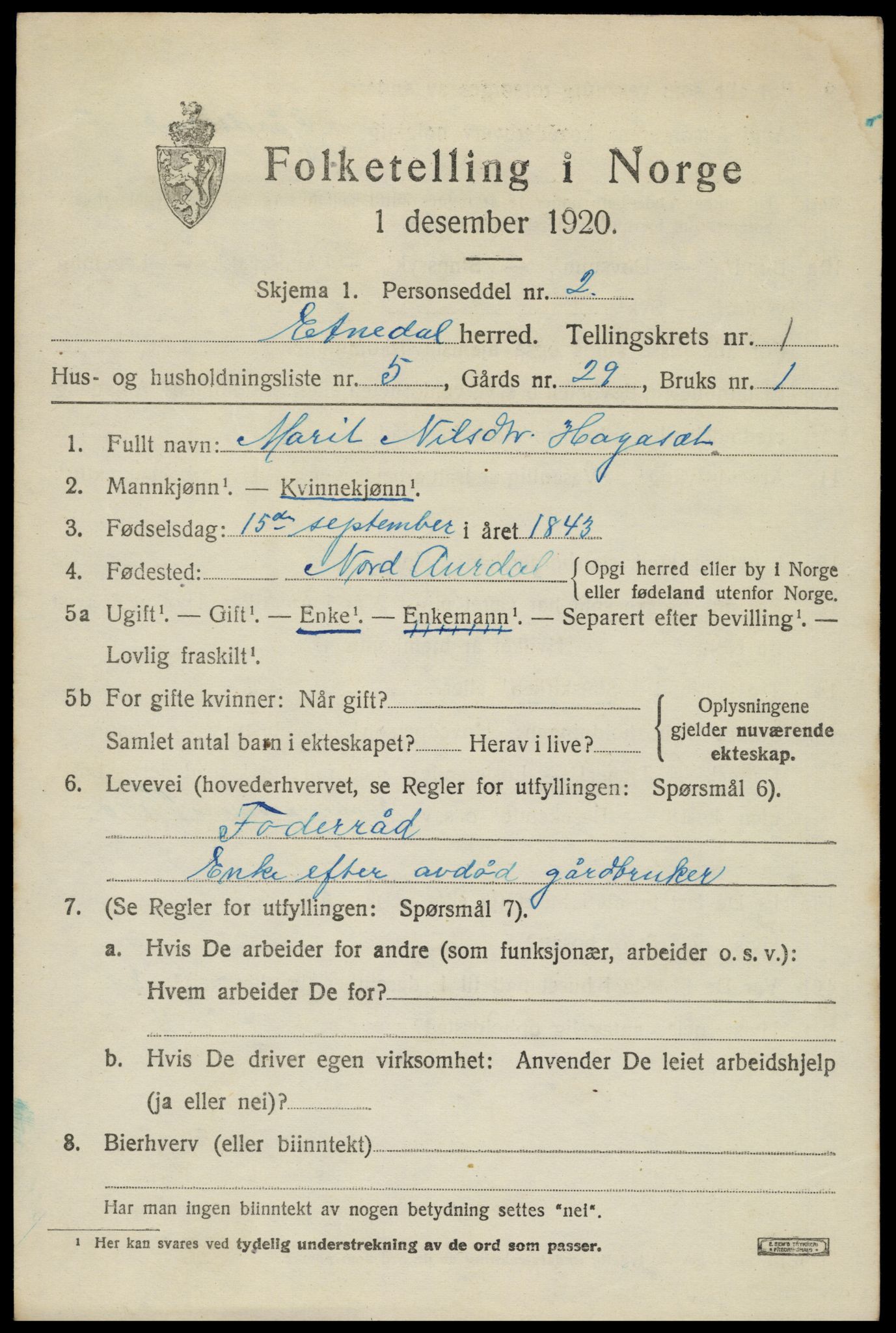 SAH, 1920 census for Etnedal, 1920, p. 814