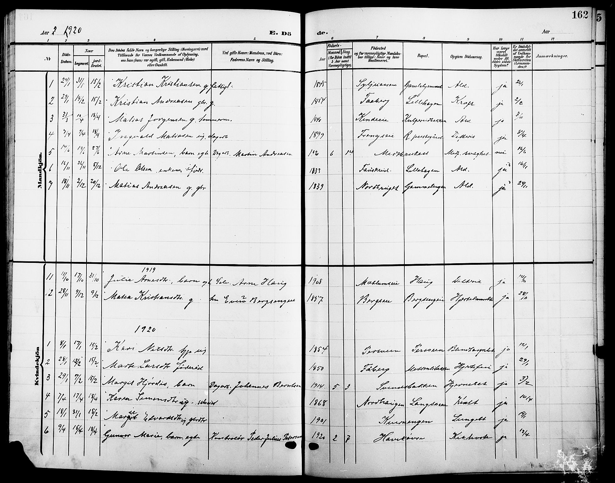 Ringsaker prestekontor, SAH/PREST-014/L/La/L0016: Parish register (copy) no. 16, 1905-1920, p. 162