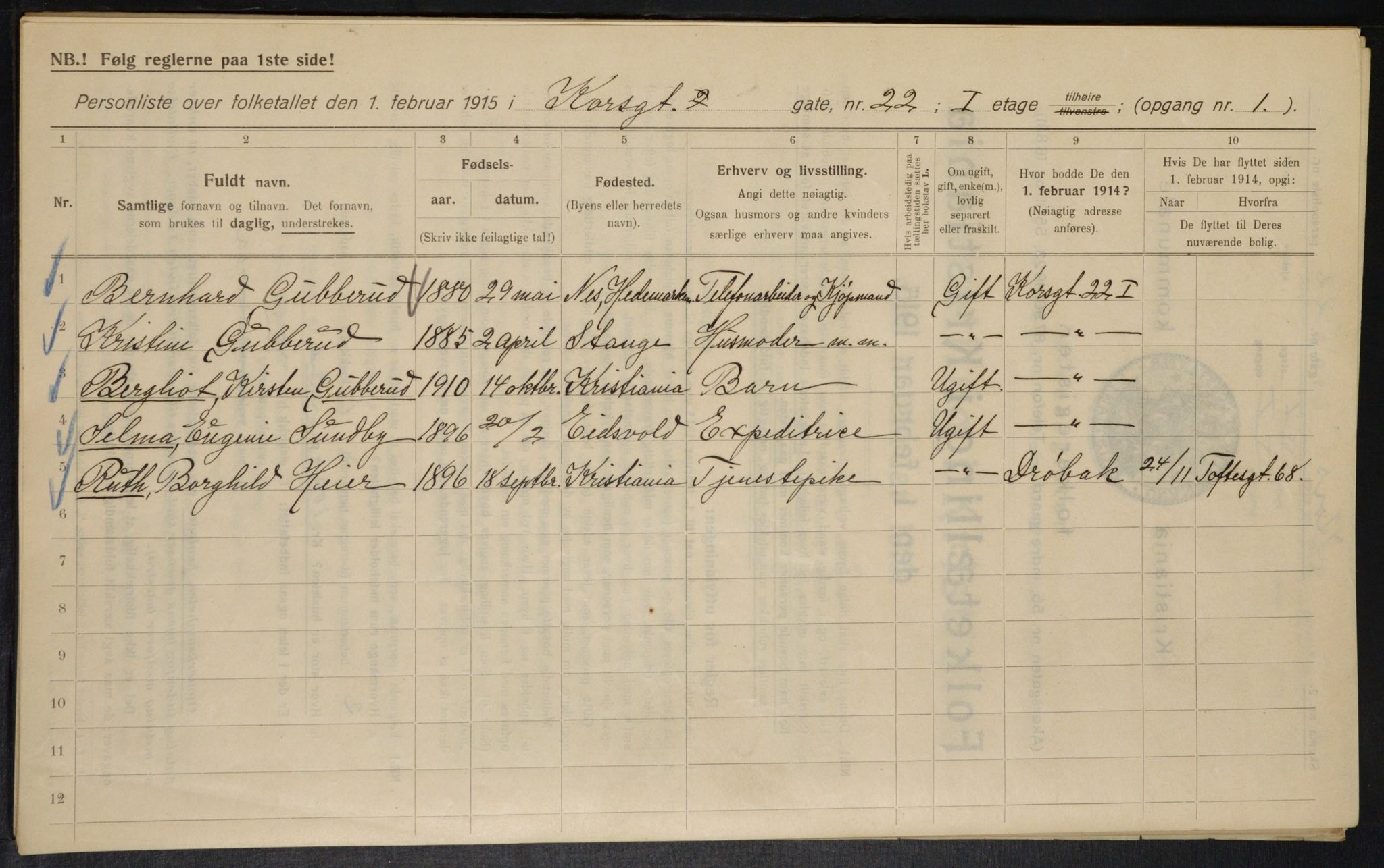 OBA, Municipal Census 1915 for Kristiania, 1915, p. 53152