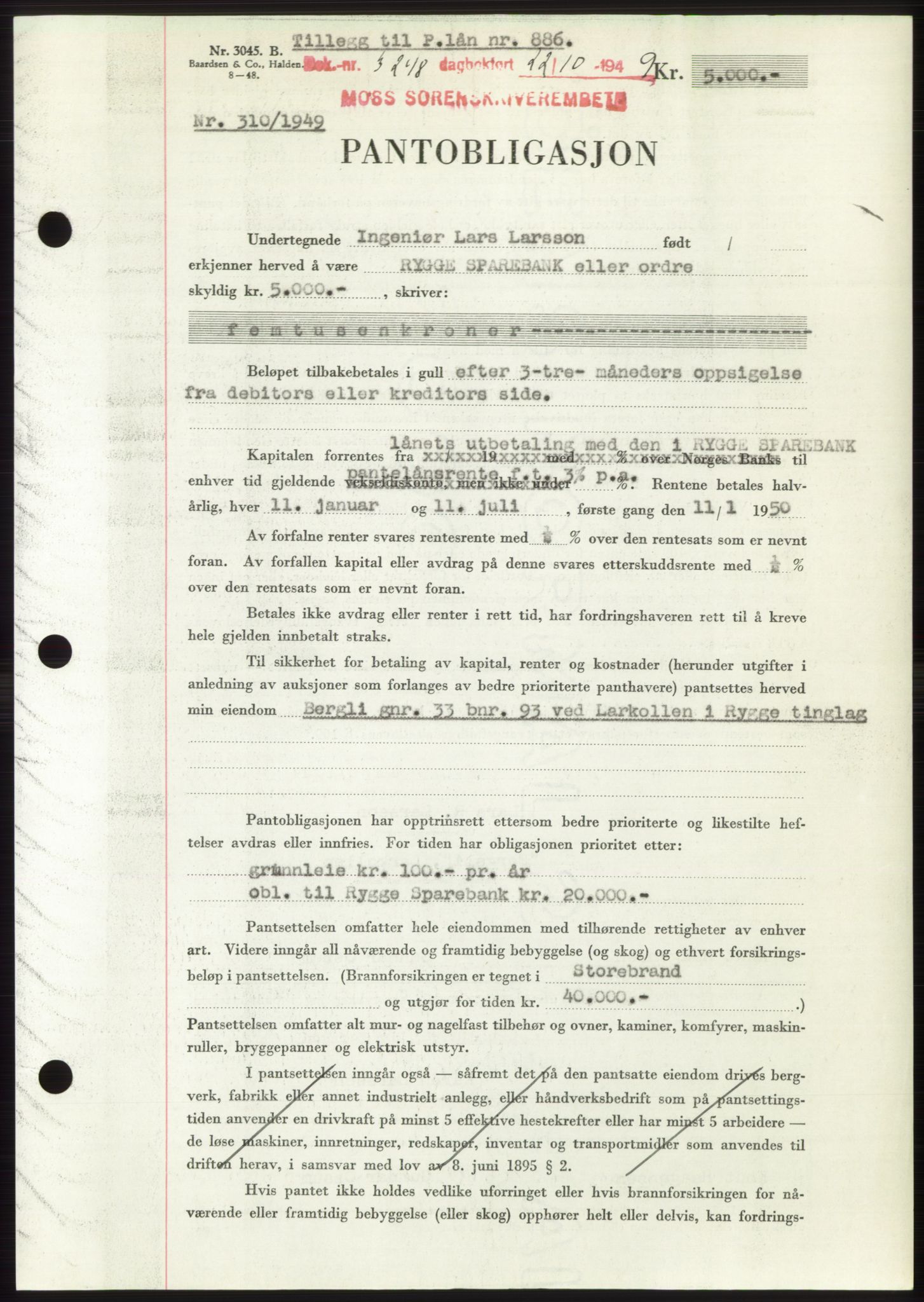 Moss sorenskriveri, SAO/A-10168: Mortgage book no. B23, 1949-1950, Diary no: : 3248/1949