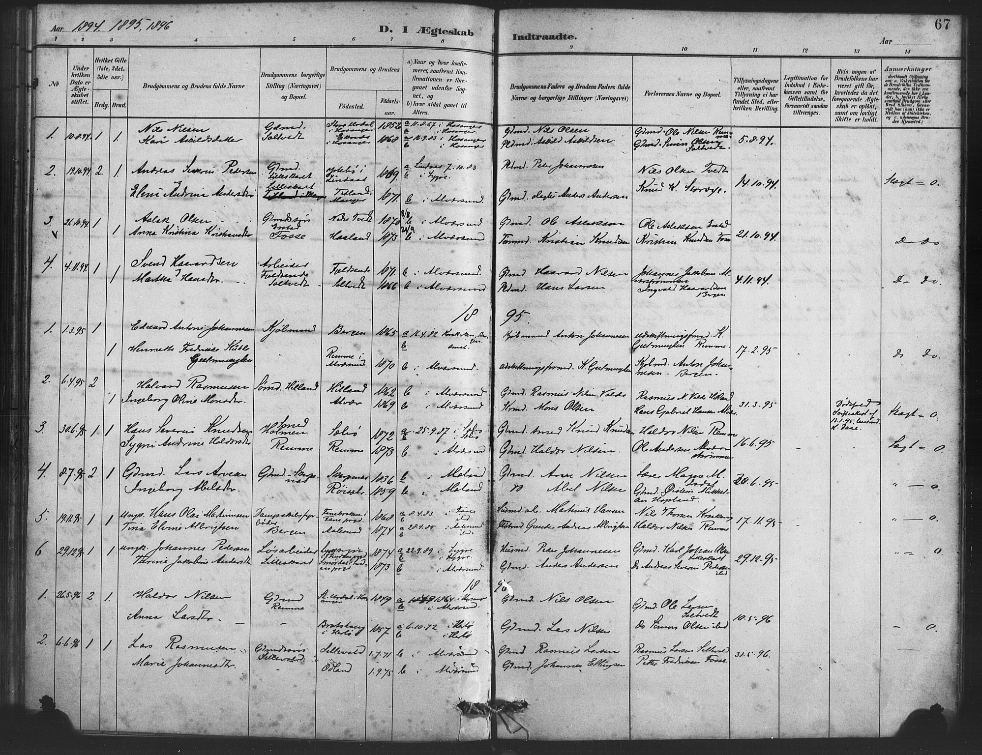Alversund Sokneprestembete, SAB/A-73901/H/Ha/Haa/Haaa/L0001: Parish register (official) no. A 1, 1882-1896, p. 67