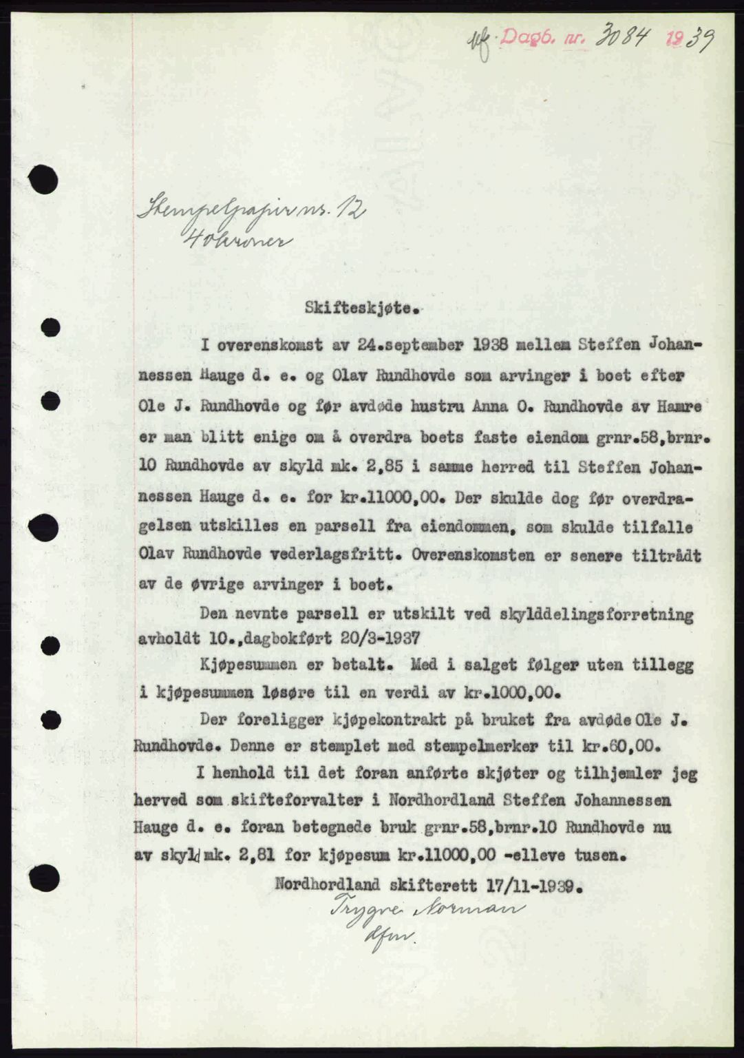 Nordhordland sorenskrivar, AV/SAB-A-2901/1/G/Gb/Gbf/L0010: Mortgage book no. A10, 1939-1940, Diary no: : 3084/1939