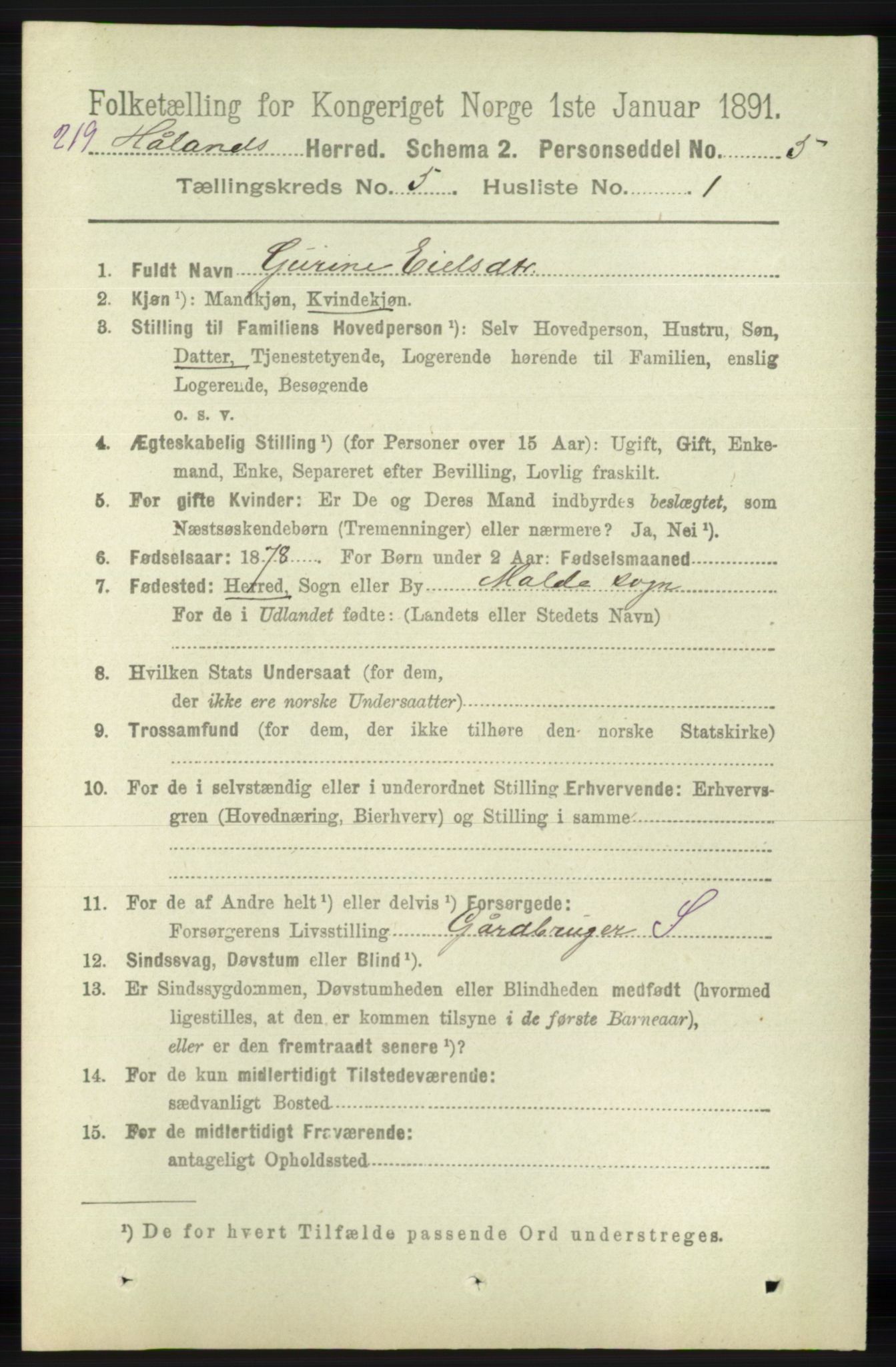 RA, 1891 census for 1124 Haaland, 1891, p. 3303