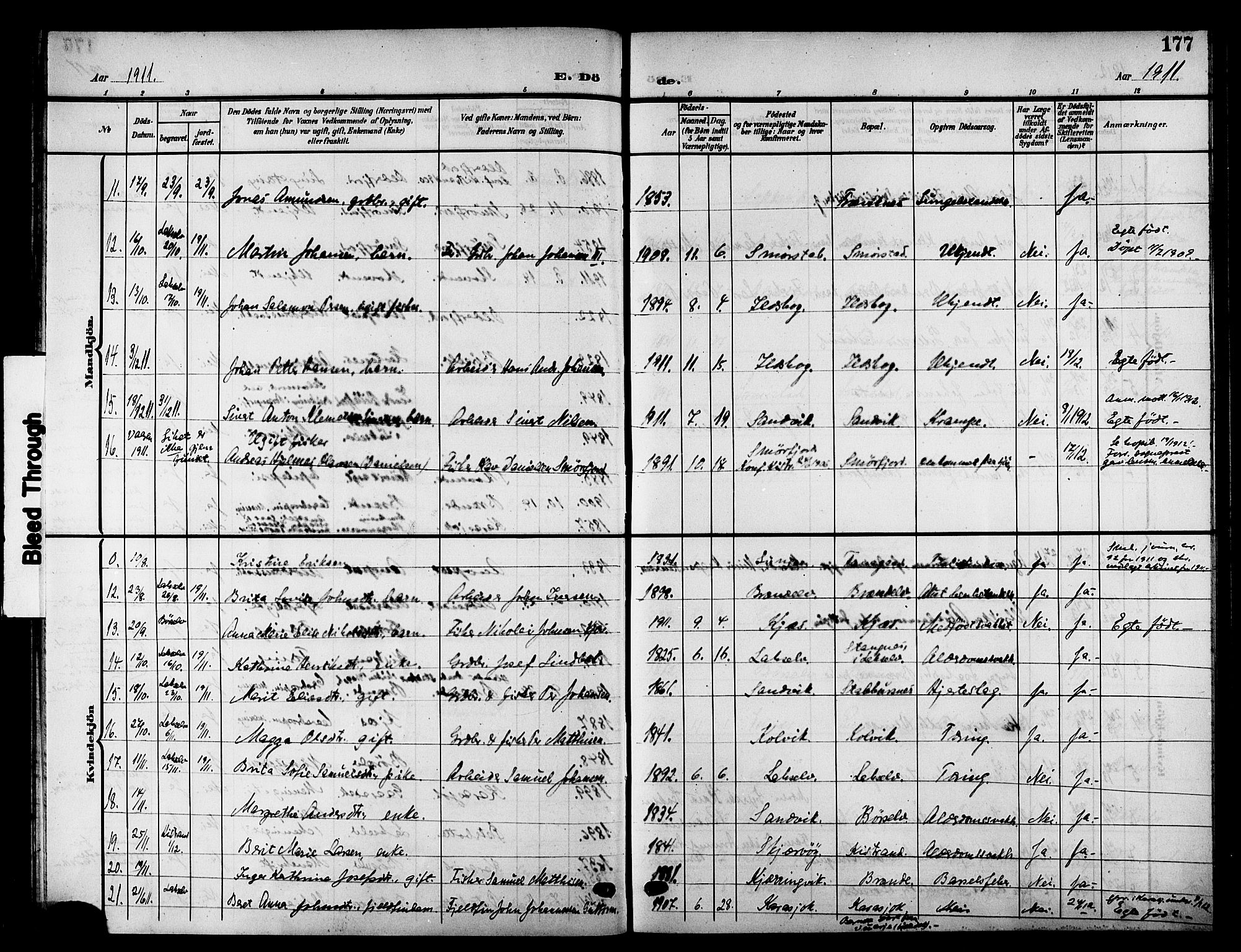 Kistrand/Porsanger sokneprestembete, AV/SATØ-S-1351/H/Hb/L0006.klokk: Parish register (copy) no. 6, 1905-1917, p. 177