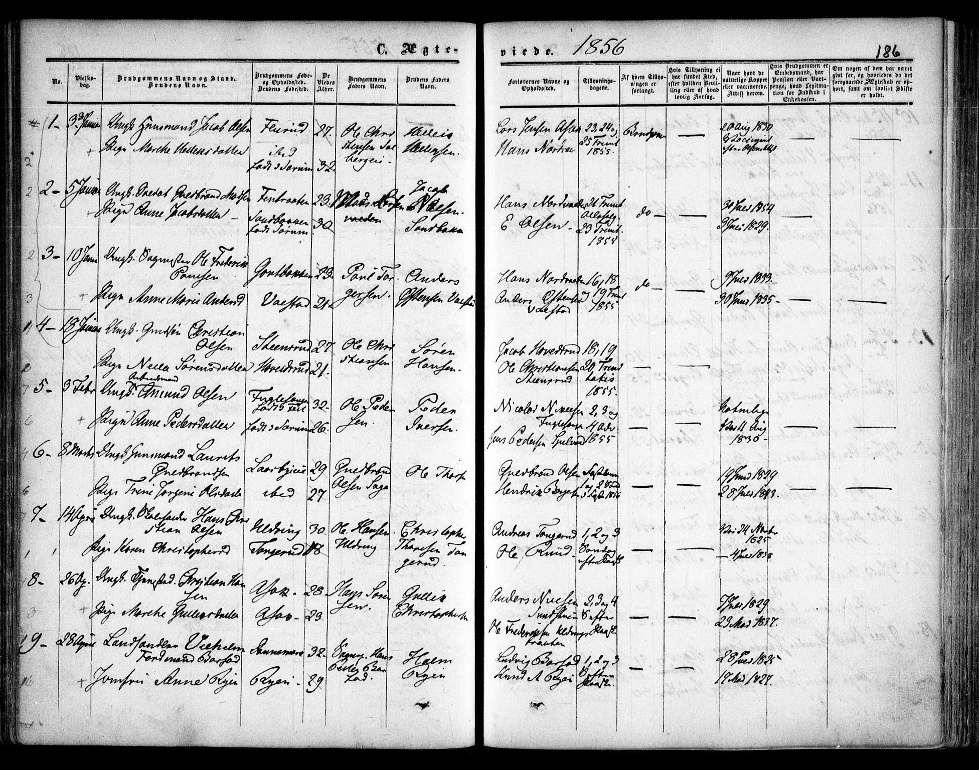 Skedsmo prestekontor Kirkebøker, AV/SAO-A-10033a/F/Fa/L0010: Parish register (official) no. I 10, 1854-1865, p. 186