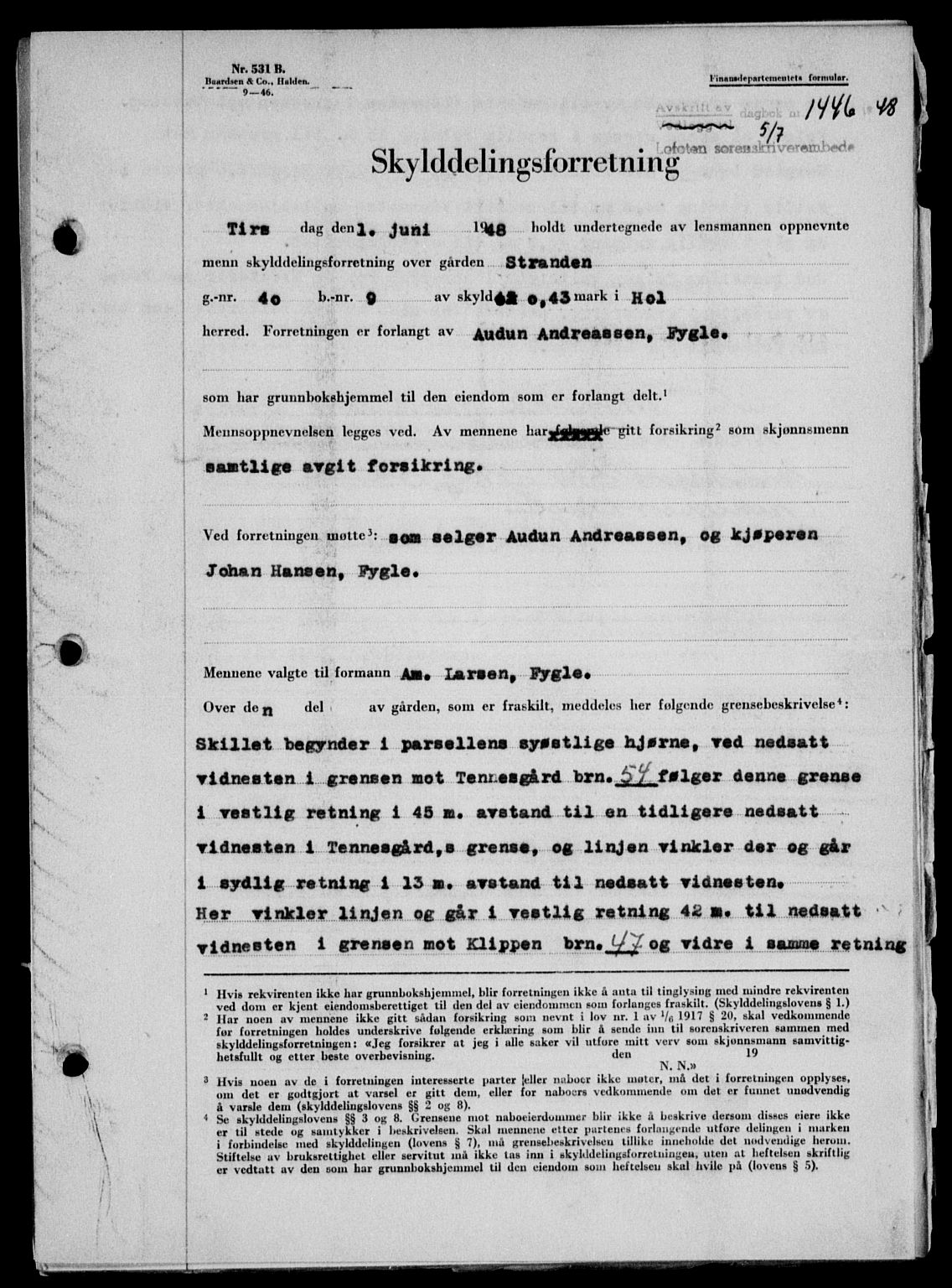 Lofoten sorenskriveri, SAT/A-0017/1/2/2C/L0018a: Mortgage book no. 18a, 1948-1948, Diary no: : 1446/1948