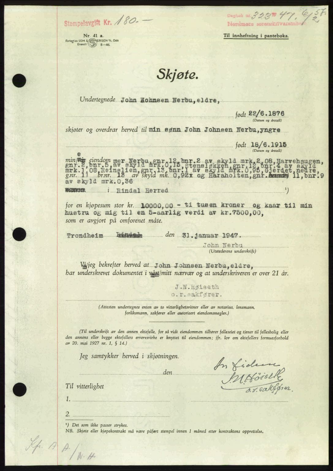 Nordmøre sorenskriveri, AV/SAT-A-4132/1/2/2Ca: Mortgage book no. A104, 1947-1947, Diary no: : 323/1947