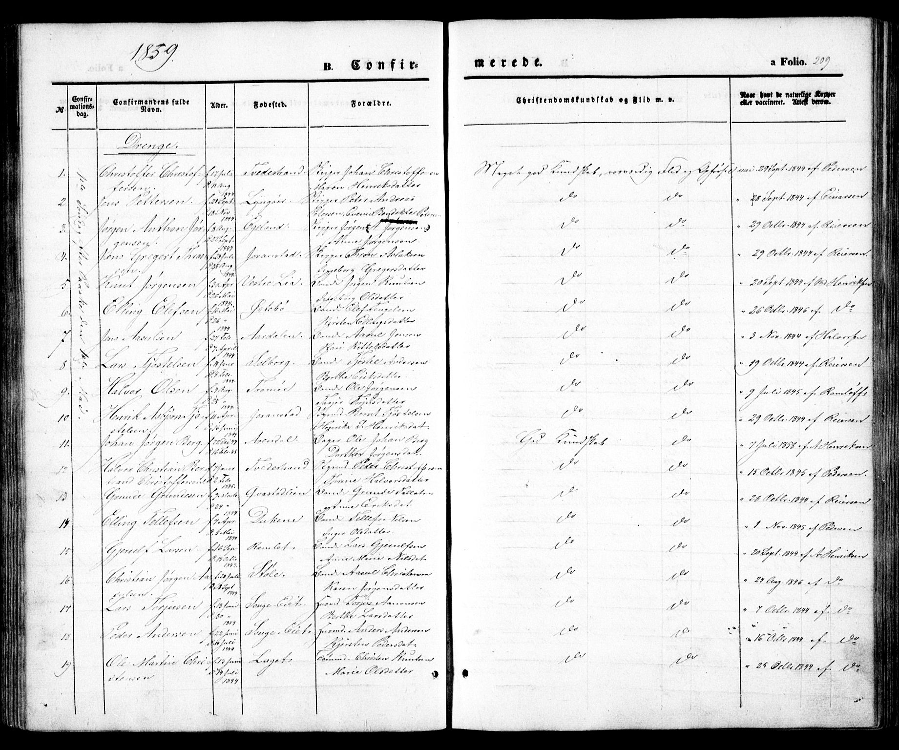 Holt sokneprestkontor, SAK/1111-0021/F/Fa/L0008: Parish register (official) no. A 8, 1849-1860, p. 209