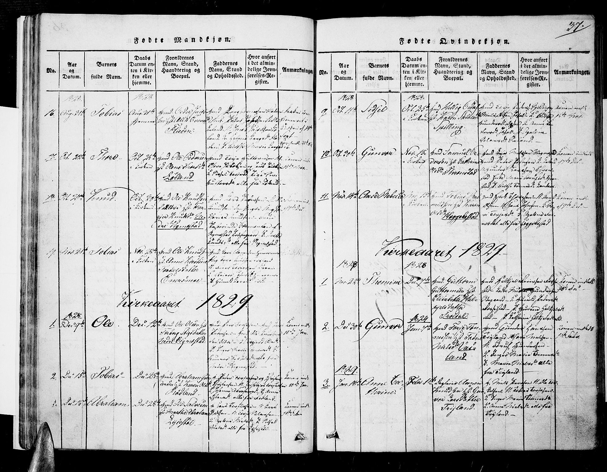 Nord-Audnedal sokneprestkontor, SAK/1111-0032/F/Fa/Fab/L0001: Parish register (official) no. A 1, 1816-1858, p. 37
