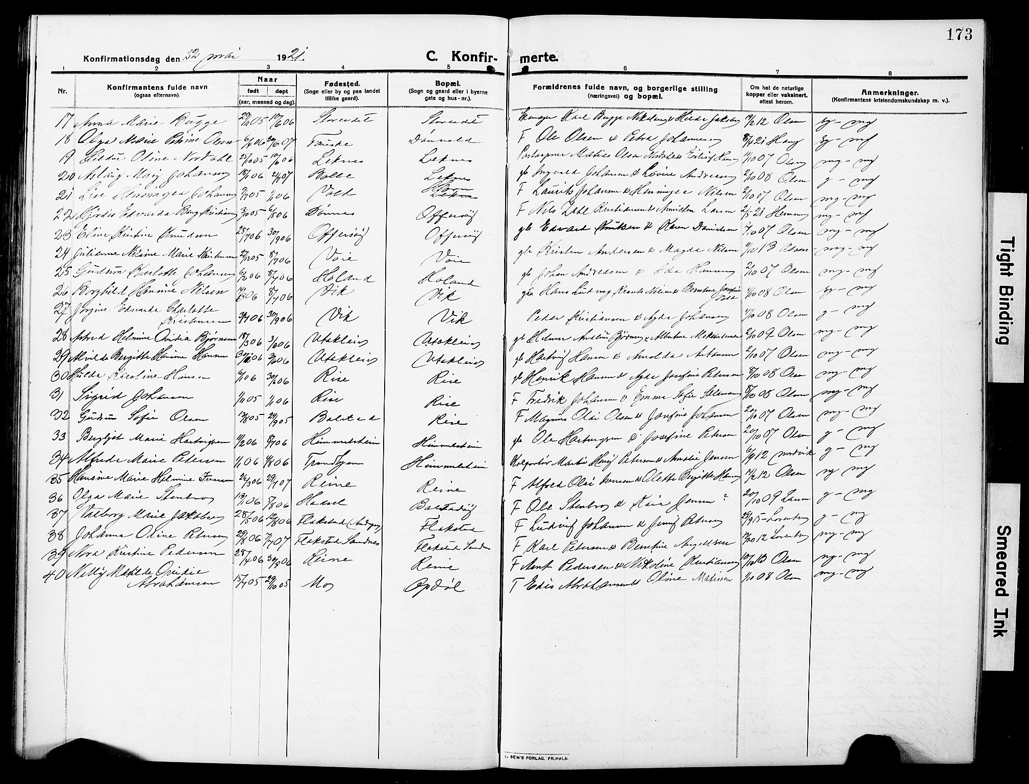 Ministerialprotokoller, klokkerbøker og fødselsregistre - Nordland, SAT/A-1459/881/L1169: Parish register (copy) no. 881C06, 1912-1930, p. 173