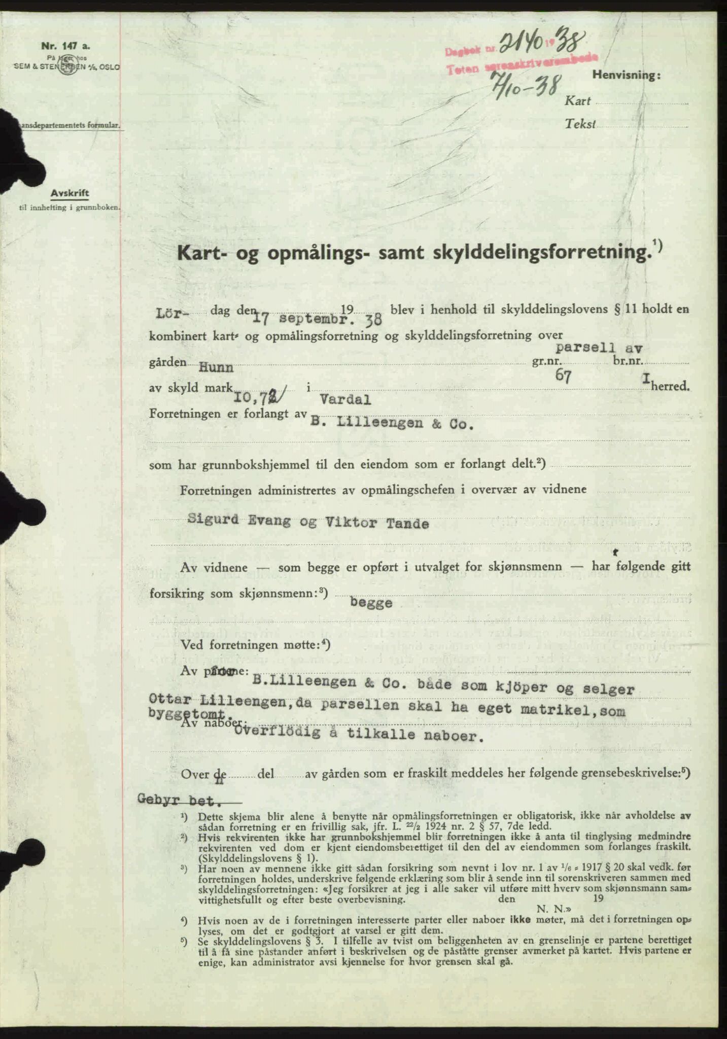Toten tingrett, SAH/TING-006/H/Hb/Hbc/L0004: Mortgage book no. Hbc-04, 1938-1938, Diary no: : 2140/1938